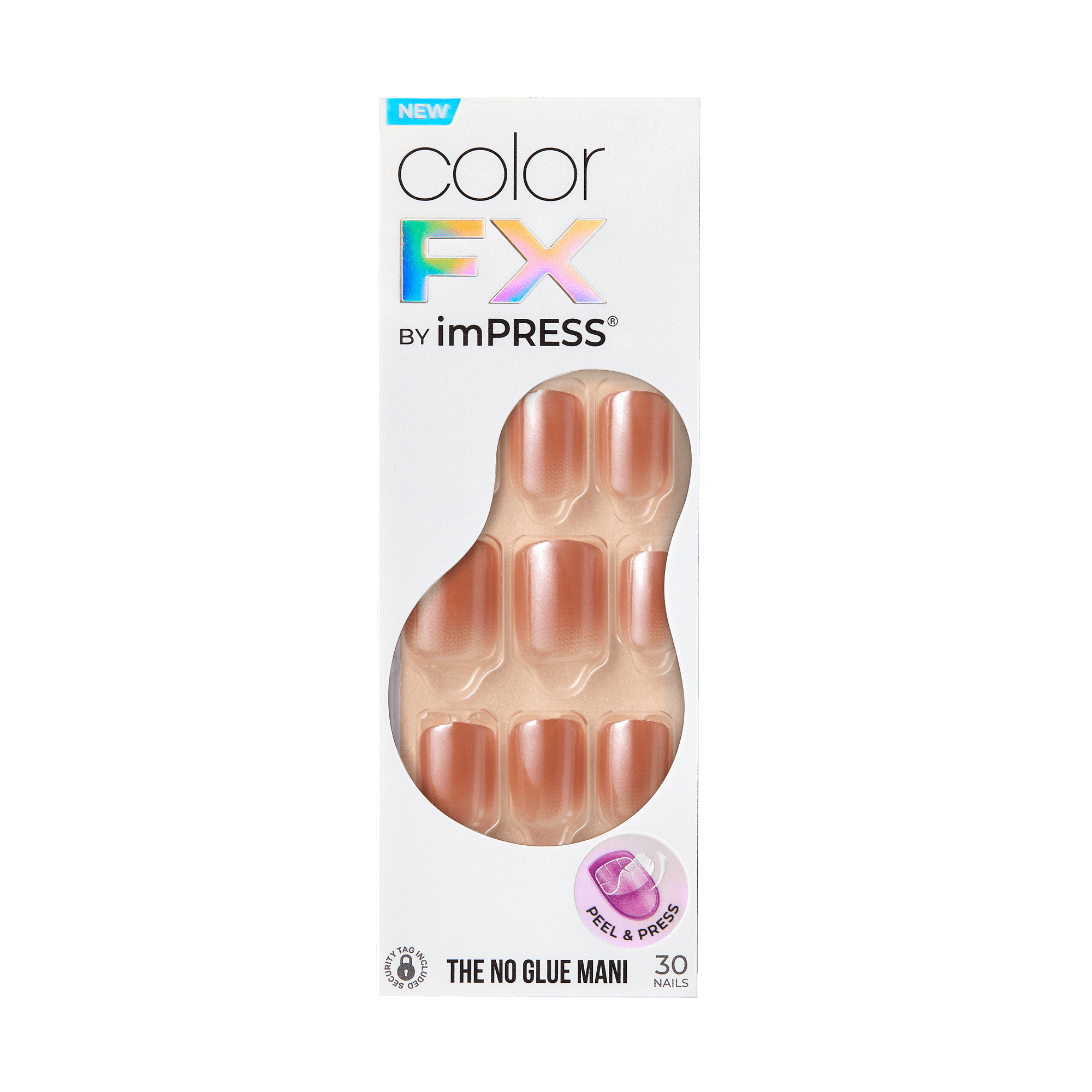 The image shows a product package for "Color FX by imPRESS." The package contains 30 artificial nails, which are displayed through a transparent section on the front of the box. The nails have a shiny, metallic finish. The packaging highlights that this is a "No Glue Mani" and includes a "Peel &amp; Press" feature, indicating that the nails can be applied without glue. The top of the package has a label indicating that the product is new.