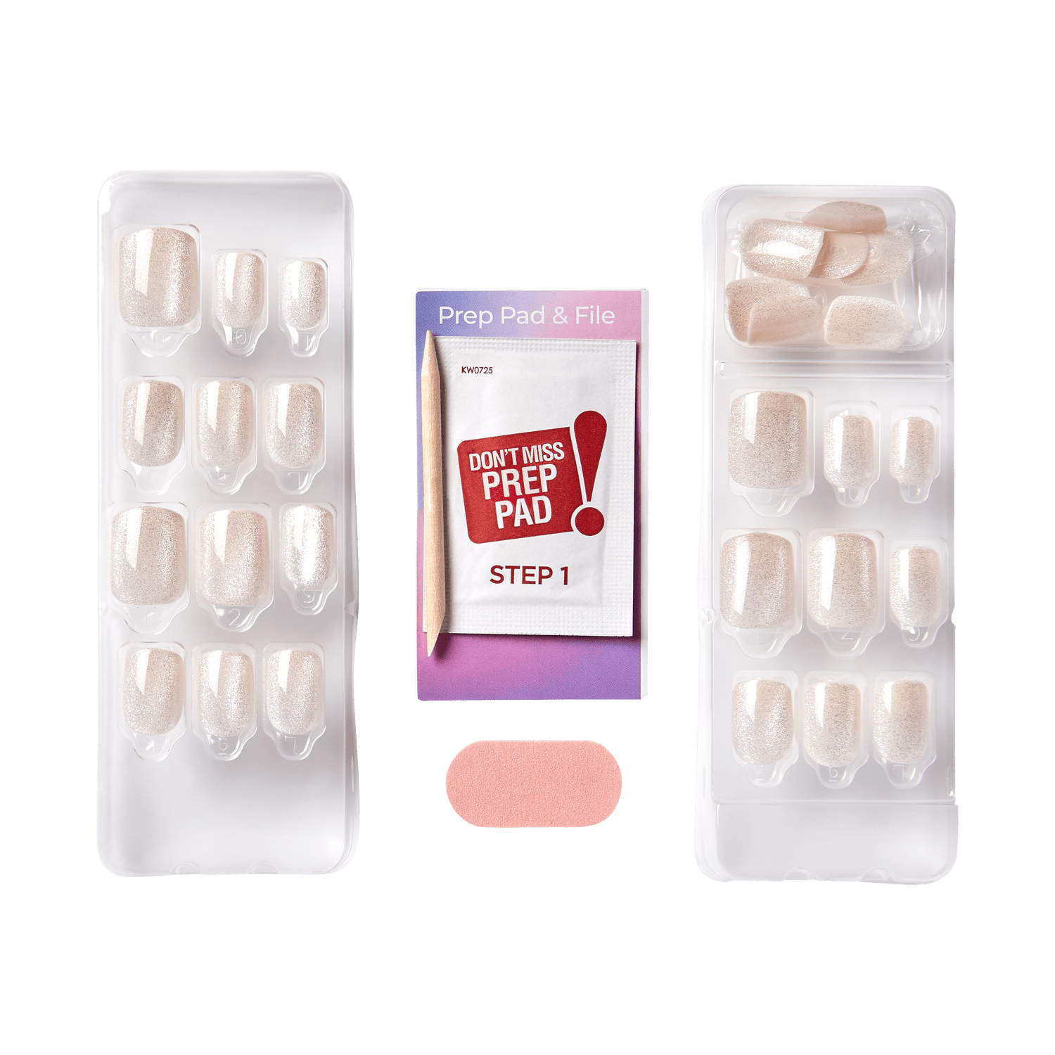 The image shows a set of press-on nails and related accessories. The set includes two trays of press-on nails in a light, shimmery color. Each tray contains nails of various sizes to fit different fingers. In the center, there is a packet labeled "Prep Pad &amp; File" with the instruction "Step 1" on it. Additionally, there is a small, rectangular nail file in a matching color to the nails. The overall presentation suggests a kit designed for easy at-home application of press-on nails.