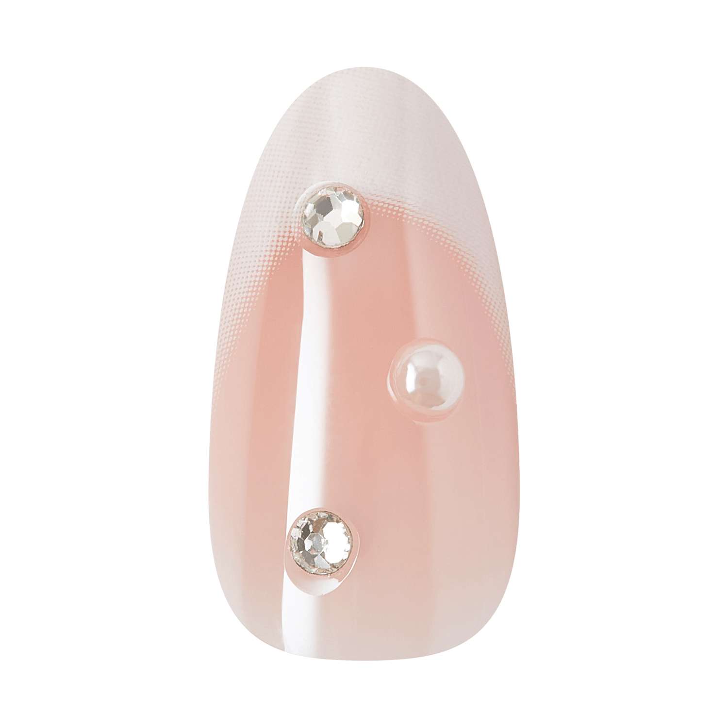 Almond-shaped acrylic nail with nude pink base, white stripe, and crystal rhinestone embellishments.