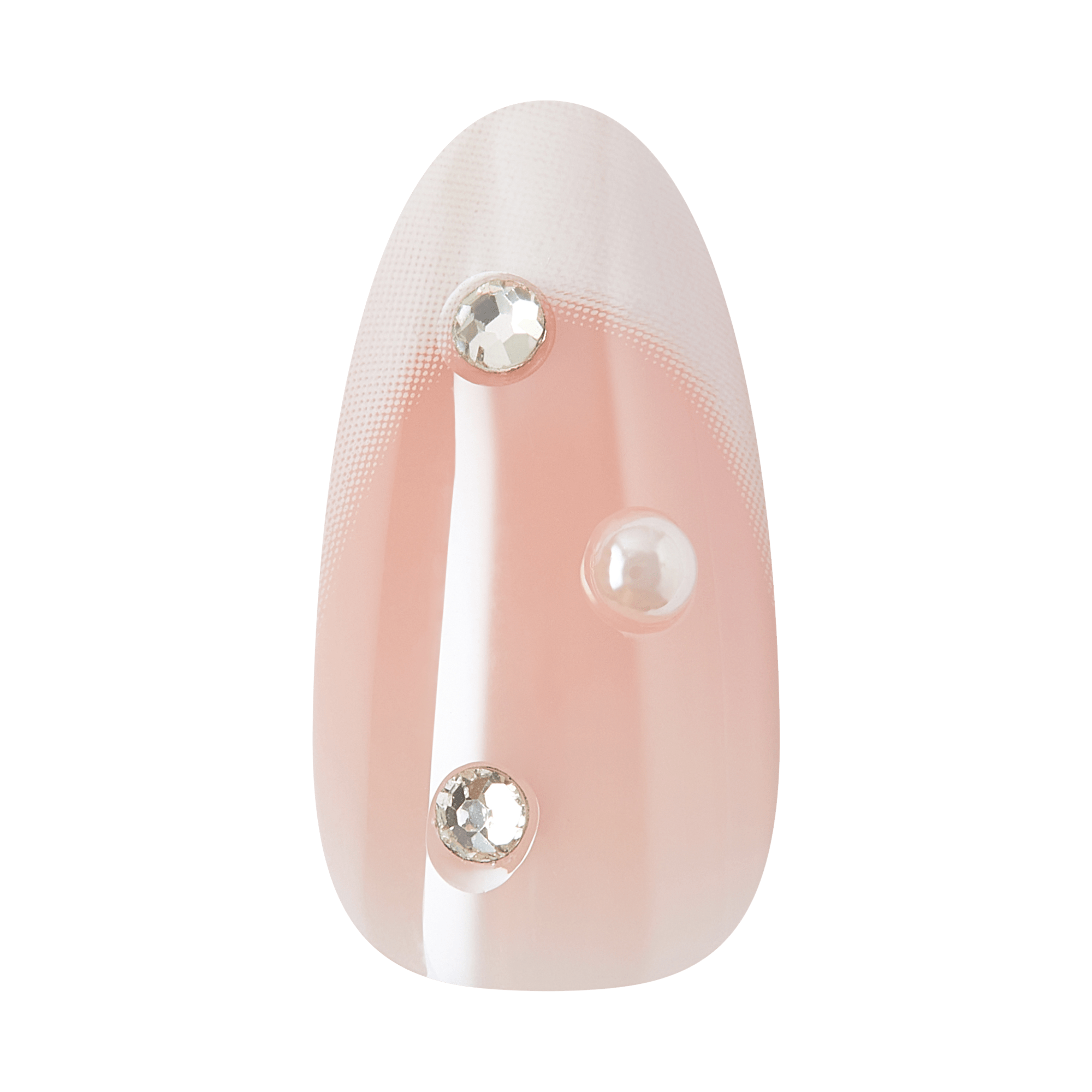 Almond-shaped acrylic nail with nude pink base, white stripe, and crystal rhinestone embellishments.