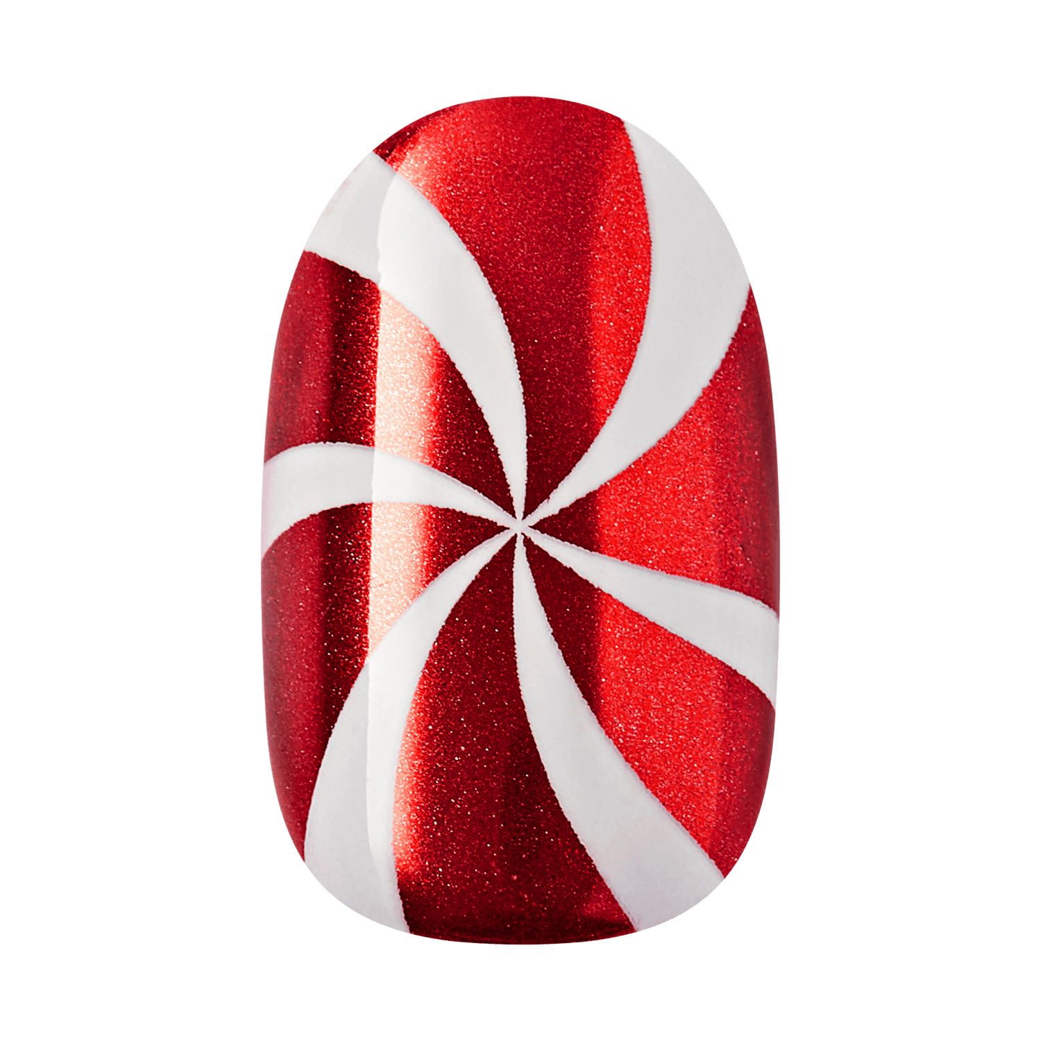 Red and white peppermint swirl nail design with glitter finish