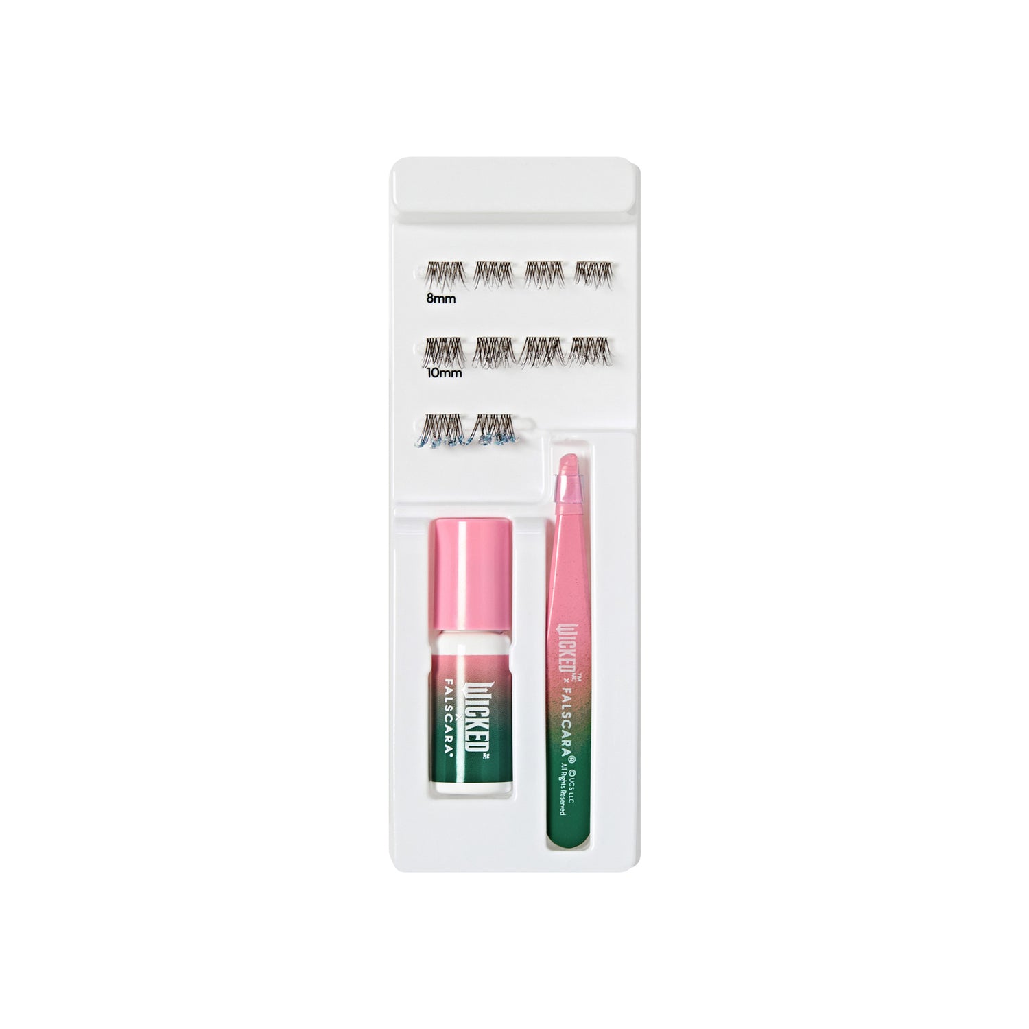 The image features a beauty product kit designed for eyelash application. It includes several pairs of false eyelashes in two different lengths: 8mm and 10mm. The kit also contains a small bottle of adhesive for securing the lashes and a tool, likely a tweezer or applicator, for easy placement of the false eyelashes. The packaging is neatly organized in a white tray, showcasing the components clearly.