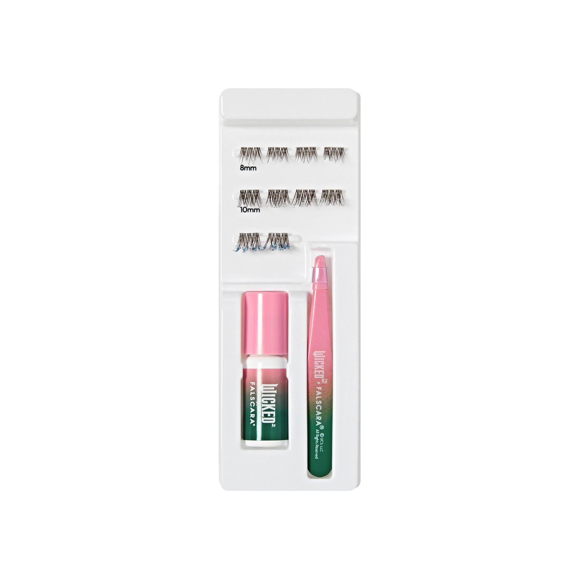 The image features a beauty product kit designed for eyelash application. It includes several pairs of false eyelashes in two different lengths: 8mm and 10mm. The kit also contains a small bottle of adhesive for securing the lashes and a tool, likely a tweezer or applicator, for easy placement of the false eyelashes. The packaging is neatly organized in a white tray, showcasing the components clearly.