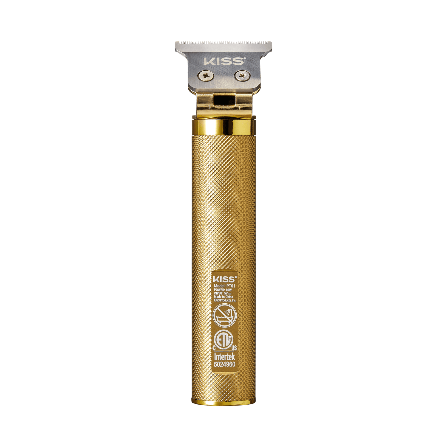 Cordless precision trimmer with textured gold handle and silver blade, featuring KISS branding and product details on the handle.