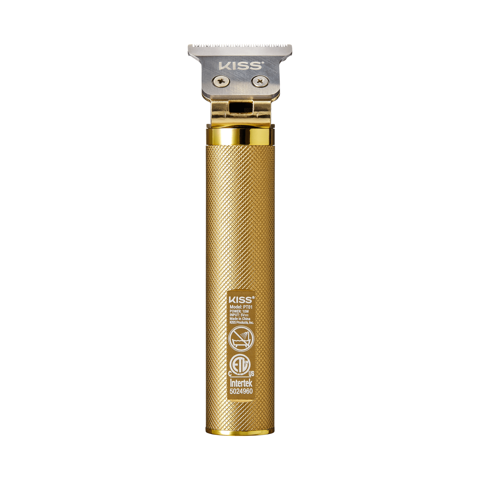 Cordless precision trimmer with textured gold handle and silver blade, featuring KISS branding and product details on the handle.