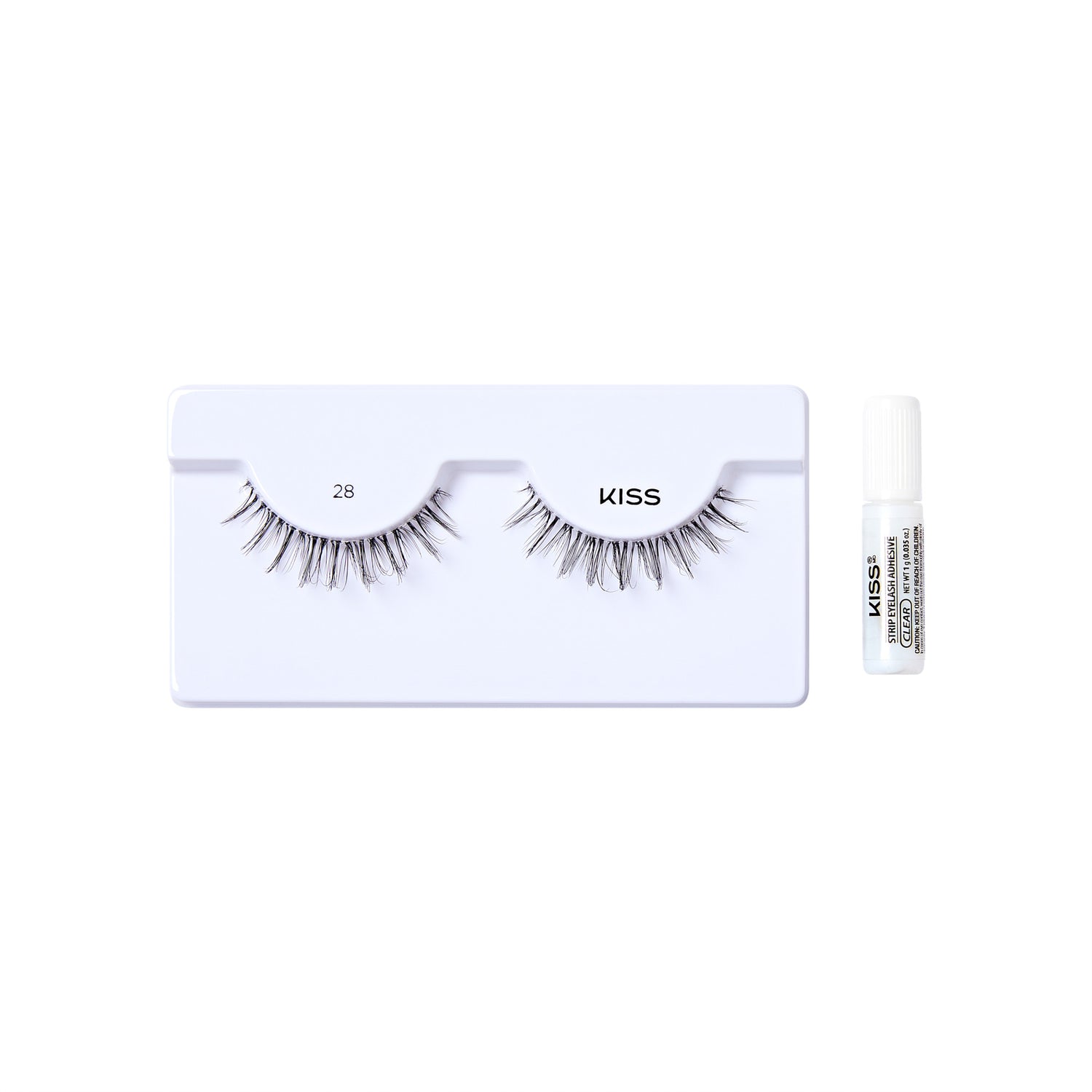 The image shows a set of false eyelashes from the brand "KISS." The eyelashes are displayed on a white plastic tray, with the number "28" printed on the left side of the tray. To the right of the tray, there is a small tube of adhesive glue, also branded with "KISS." The overall presentation is clean and minimalistic, highlighting the product&