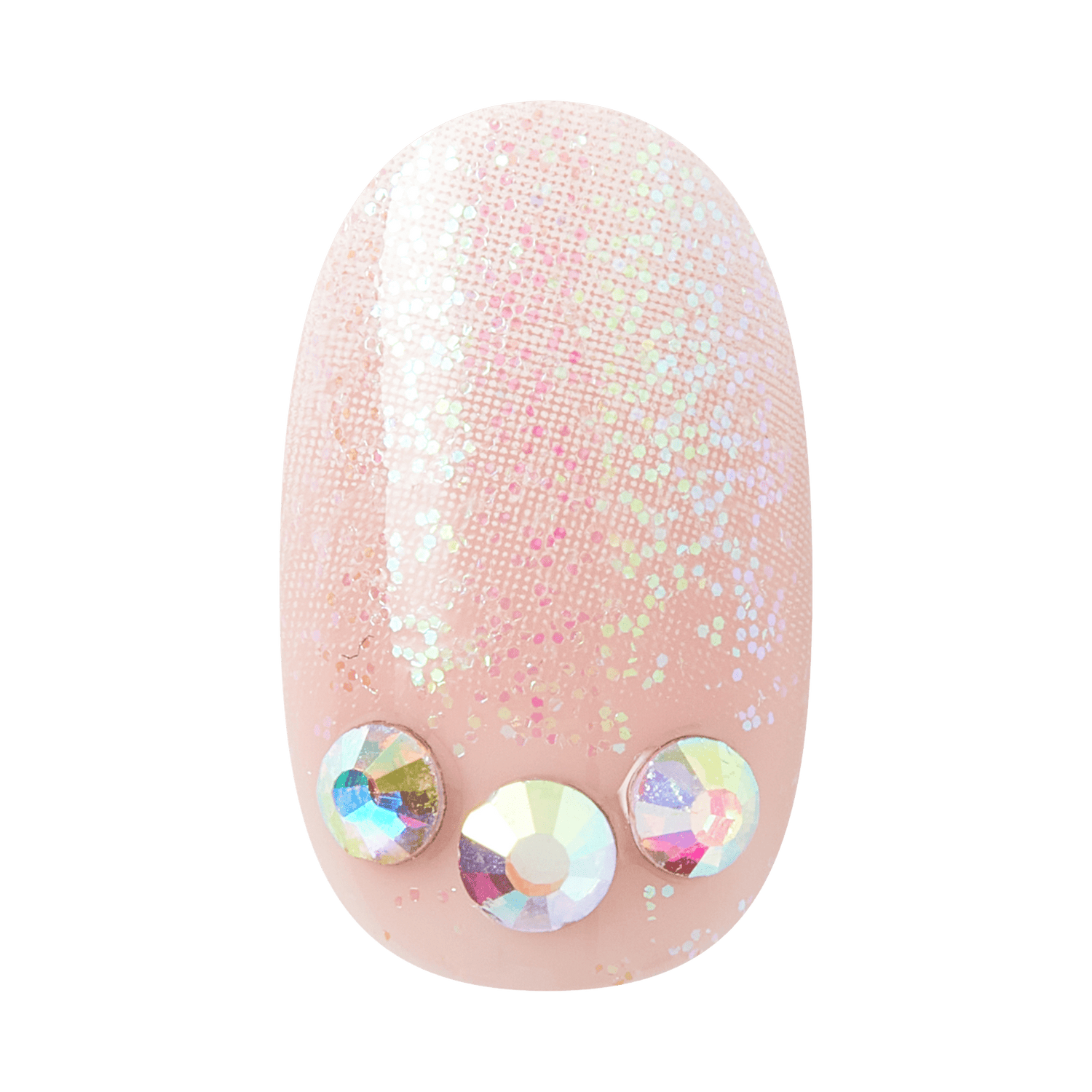 Oval nail with iridescent glitter gradient and three crystal rhinestone embellishments.