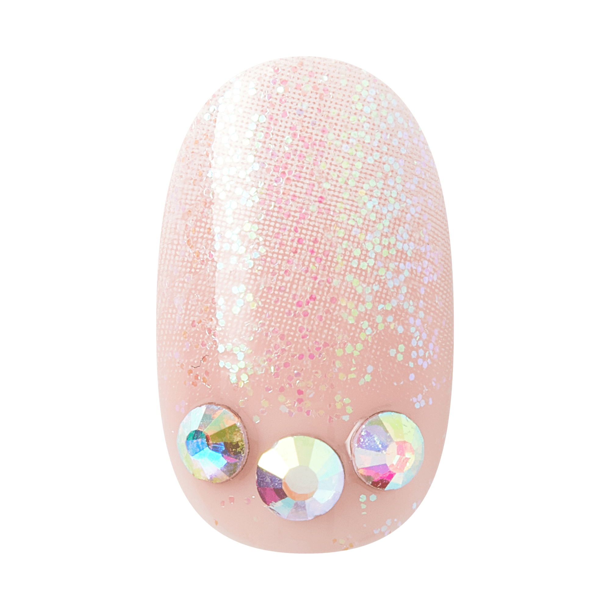 Oval nail with iridescent glitter gradient and three crystal rhinestone embellishments.