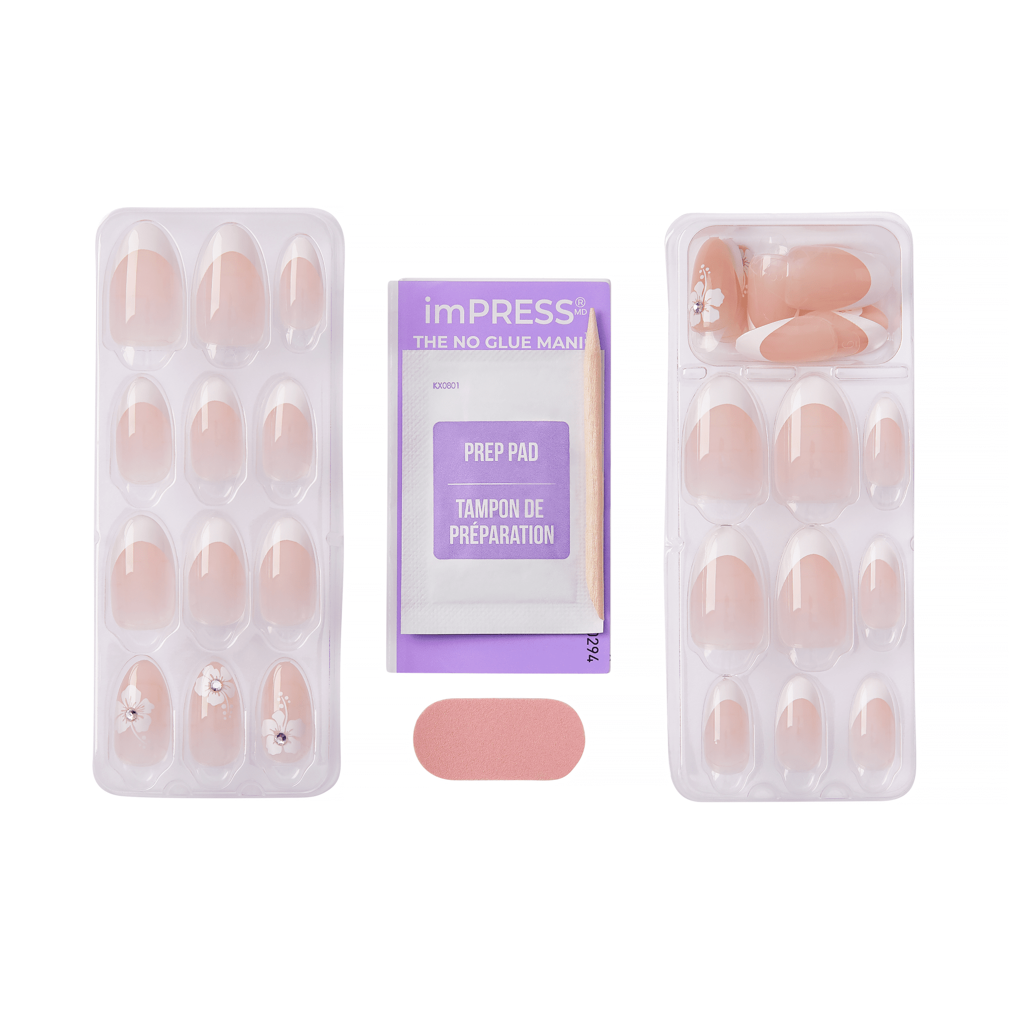 The image features a nail kit from imPRESS, which includes two trays of artificial nails. The nails are a soft pink color and come in various sizes. In the center, there is a prep pad for nail preparation, and a small pink adhesive tab is also included. The overall presentation suggests a convenient and easy-to-use product for achieving manicured nails without the need for glue.