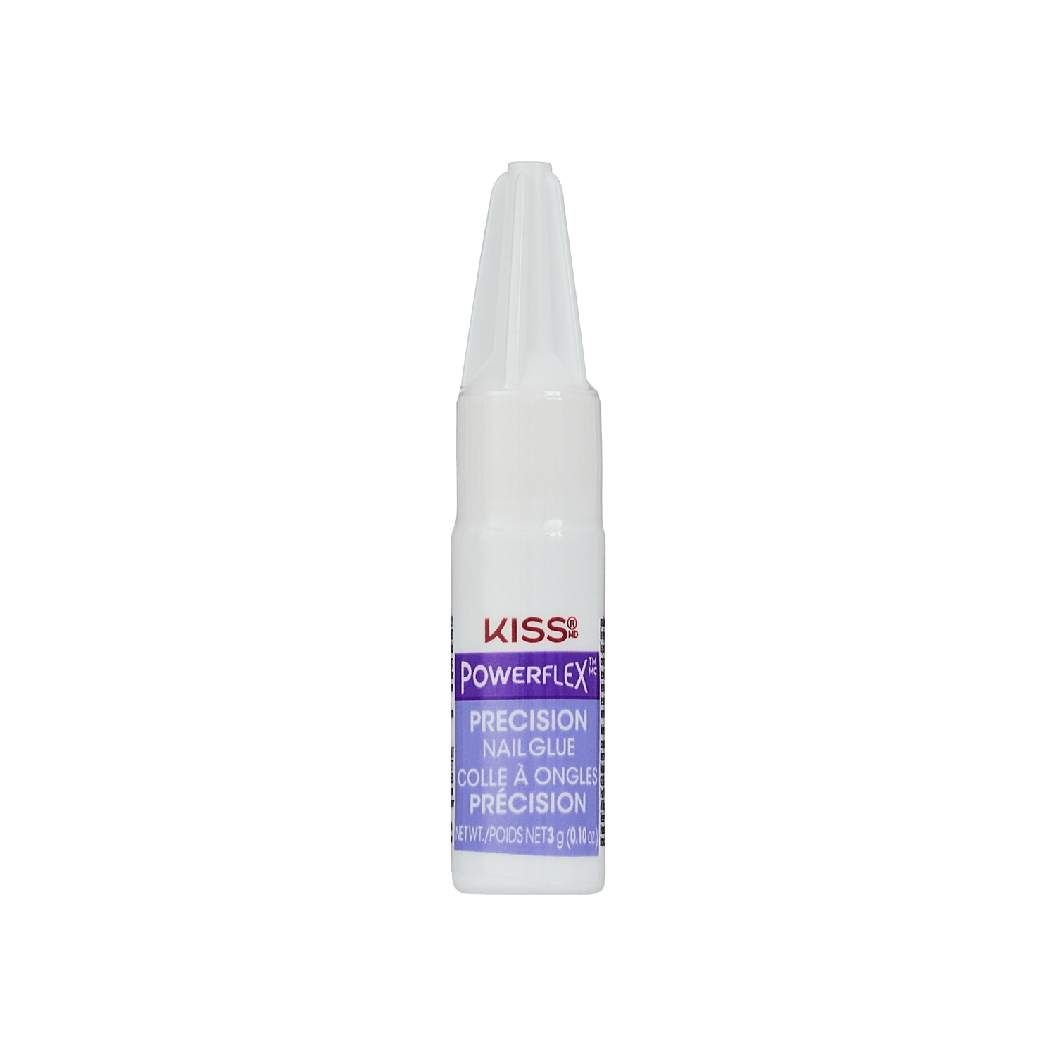 Small white plastic bottle of KISS PowerFlex Precision Nail Glue with purple label displaying product name and 3 gram net weight.