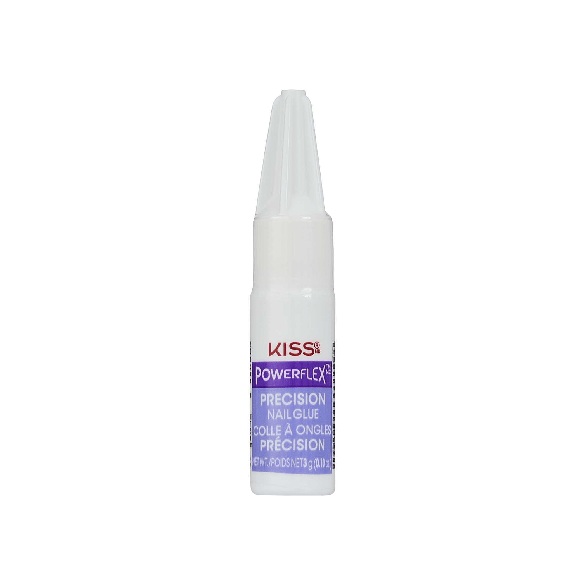 Small white plastic bottle of KISS PowerFlex Precision Nail Glue with purple label displaying product name and 3 gram net weight.