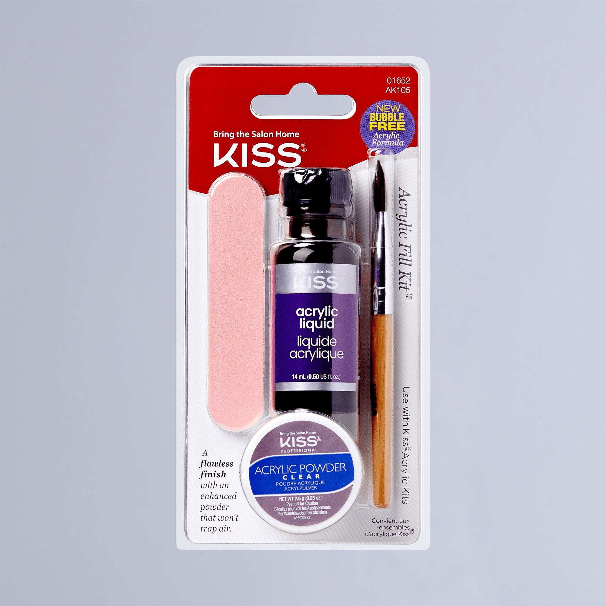 KISS Acrylic Fill Kit with acrylic liquid, clear acrylic powder, pink nail file, and brush in red and white packaging, bubble-free formula highlighted.