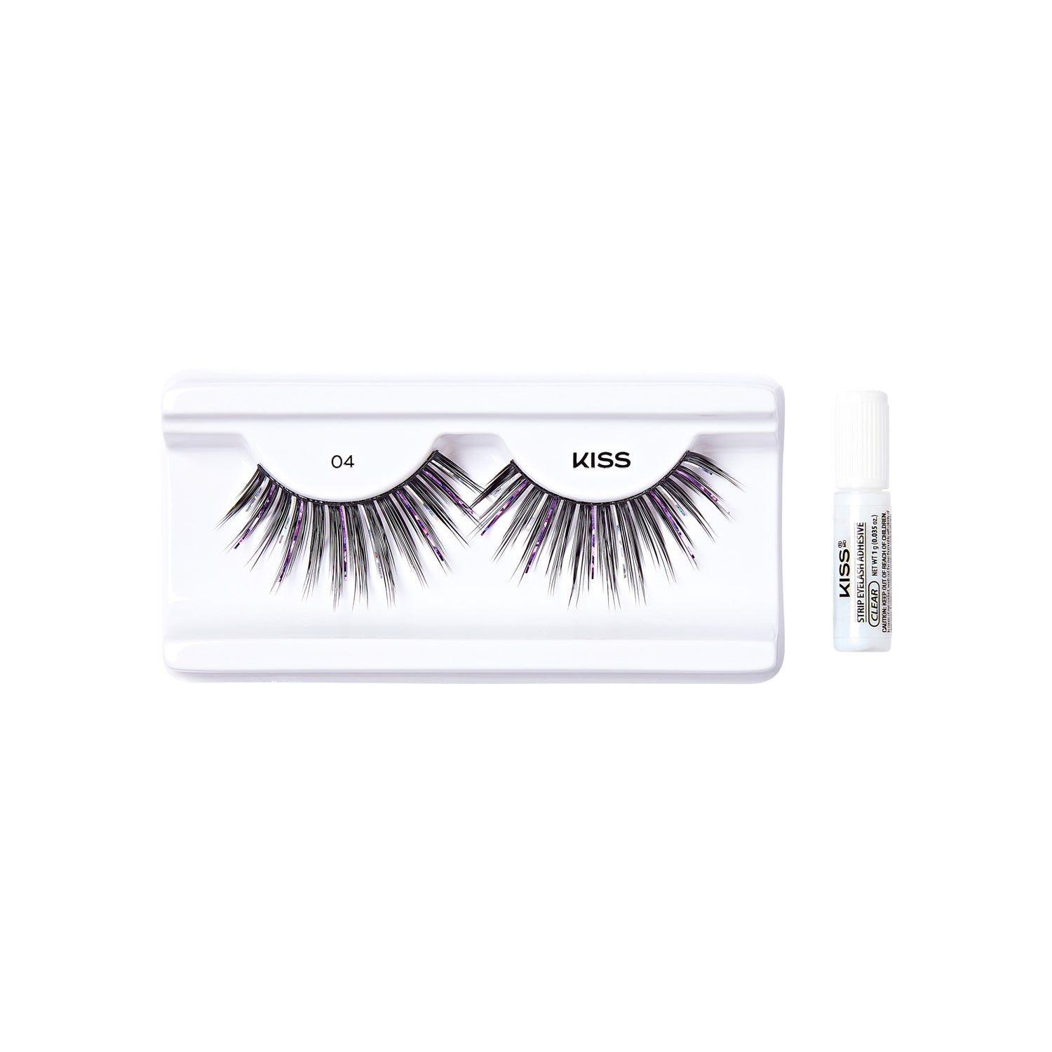 The image shows a set of false eyelashes and a small tube of adhesive. The false eyelashes are displayed on a white plastic tray, labeled with the number "04" and the brand name "KISS." The eyelashes are long and voluminous, with a mix of black and possibly some lighter strands for a dramatic effect. To the right of the tray, there is a small white tube of adhesive, also branded with "KISS" and some additional text. The overall presentation is clean and minimalistic, highlighting the product.