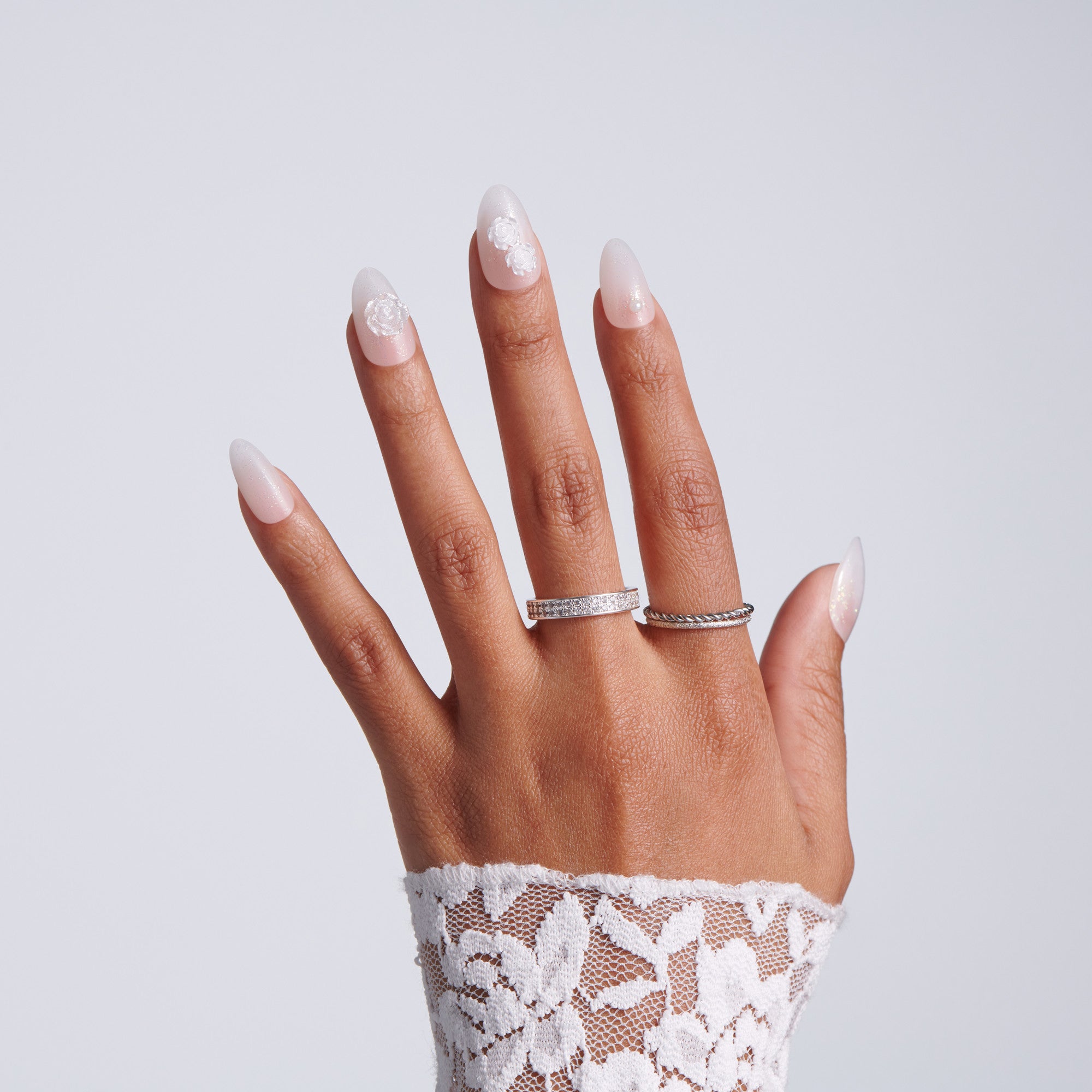 Kiss Glam Jeweled Press On Fake Glue Nails - Polaroid | 3D &amp; Jeweled Design, White, Medium, Almond