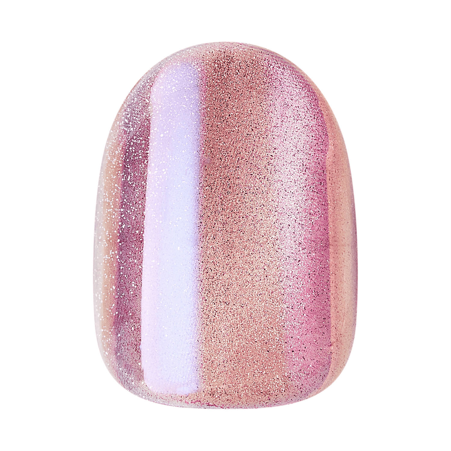 Single press-on nail with a gradient shimmer finish in pink and rose gold tones featuring fine glitter and a reflective streak.