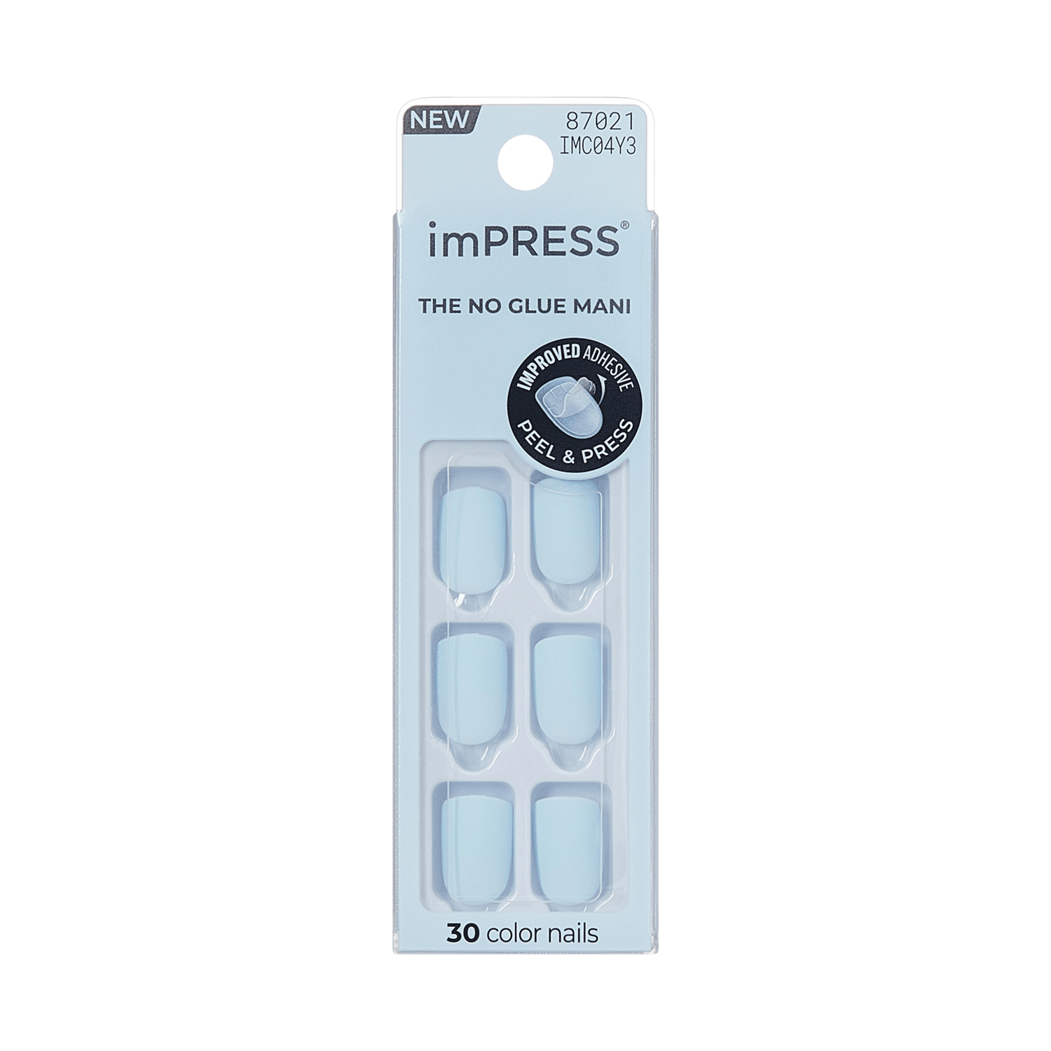 imPRESS Blue Sky press-on nails packaging showing six light blue nails, labeled \