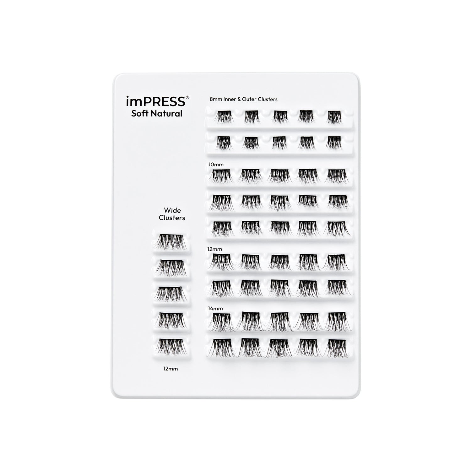 imPRESS Soft Natural lash clusters swatch palette in multiple sizes and styles.