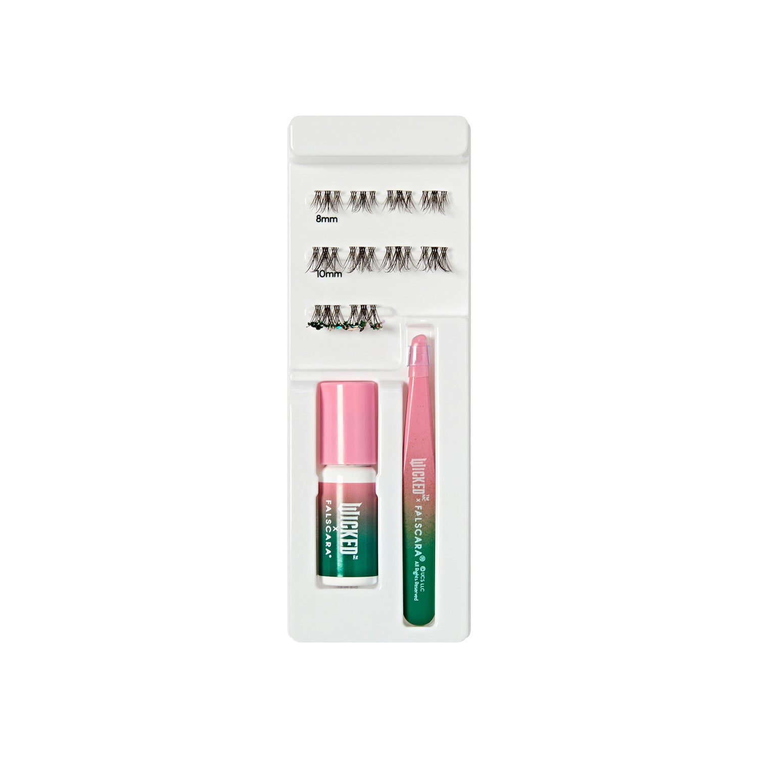 The image features a beauty product kit designed for eyelash application. It includes several pairs of false eyelashes in three different lengths: 8mm, 10mm, and 12mm. The kit also contains a small bottle of adhesive for securing the lashes and a pair of tweezers for easy application. The packaging is sleek and organized, with the items neatly arranged in a white tray. The adhesive bottle and tweezers have a gradient color design, transitioning from green to pink.
