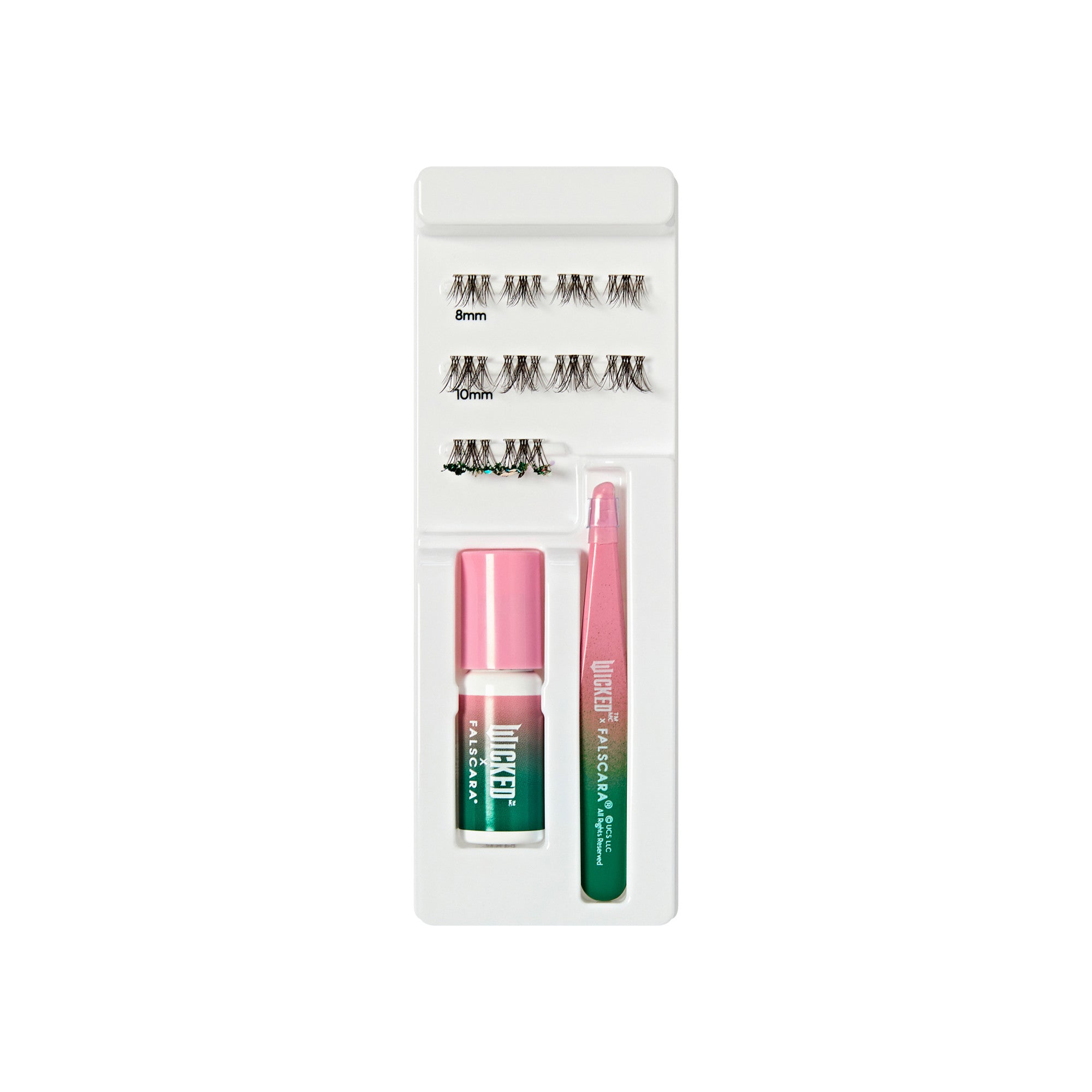 The image features a beauty product kit designed for eyelash application. It includes several pairs of false eyelashes in three different lengths: 8mm, 10mm, and 12mm. The kit also contains a small bottle of adhesive for securing the lashes and a pair of tweezers for easy application. The packaging is sleek and organized, with the items neatly arranged in a white tray. The adhesive bottle and tweezers have a gradient color design, transitioning from green to pink.