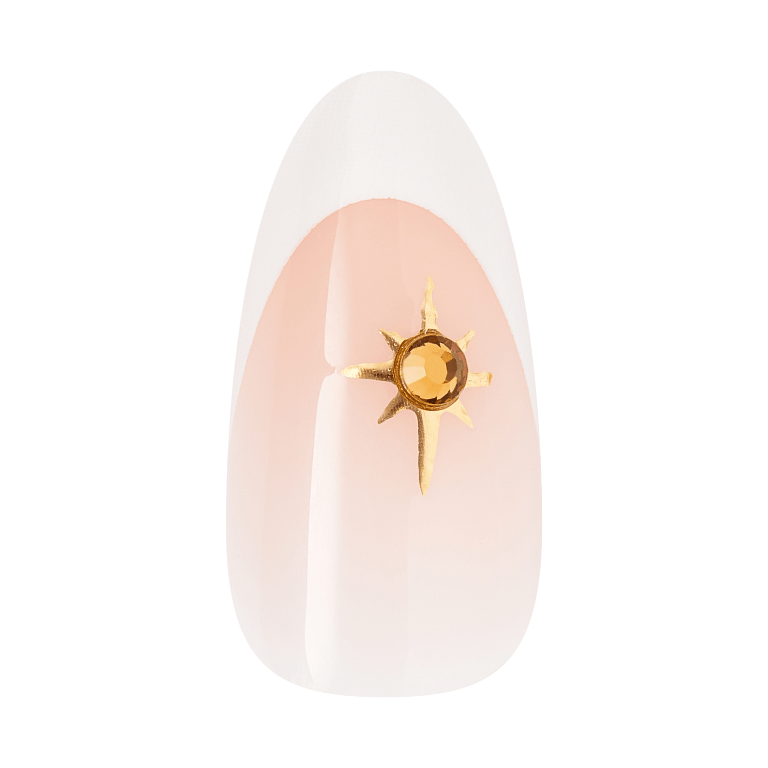 Almond-shaped nail with nude base and gold sun charm design