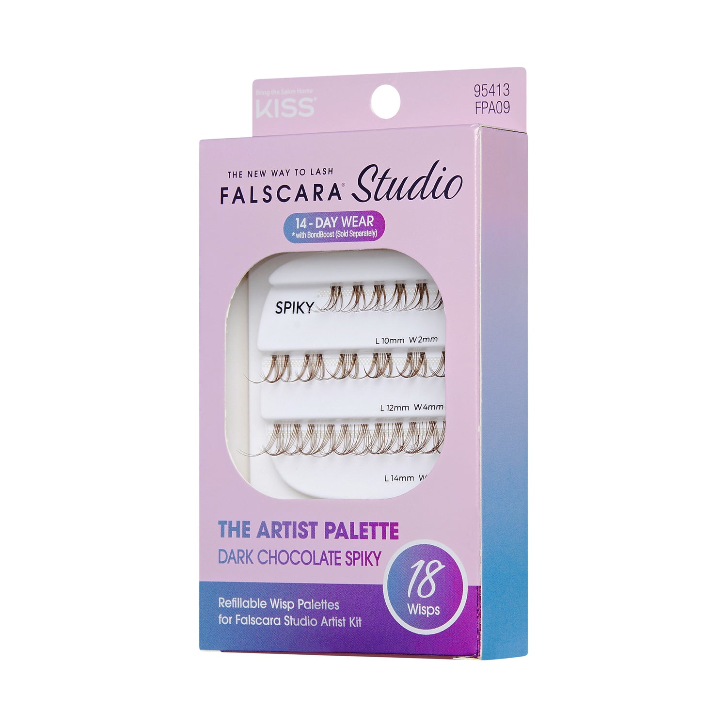The image features a product packaging for "Falscara Studio" by Kiss, specifically the "Artist Palette" in "Dark Chocolate Spiky." The box is designed in a gradient of purple and pink, highlighting the product&