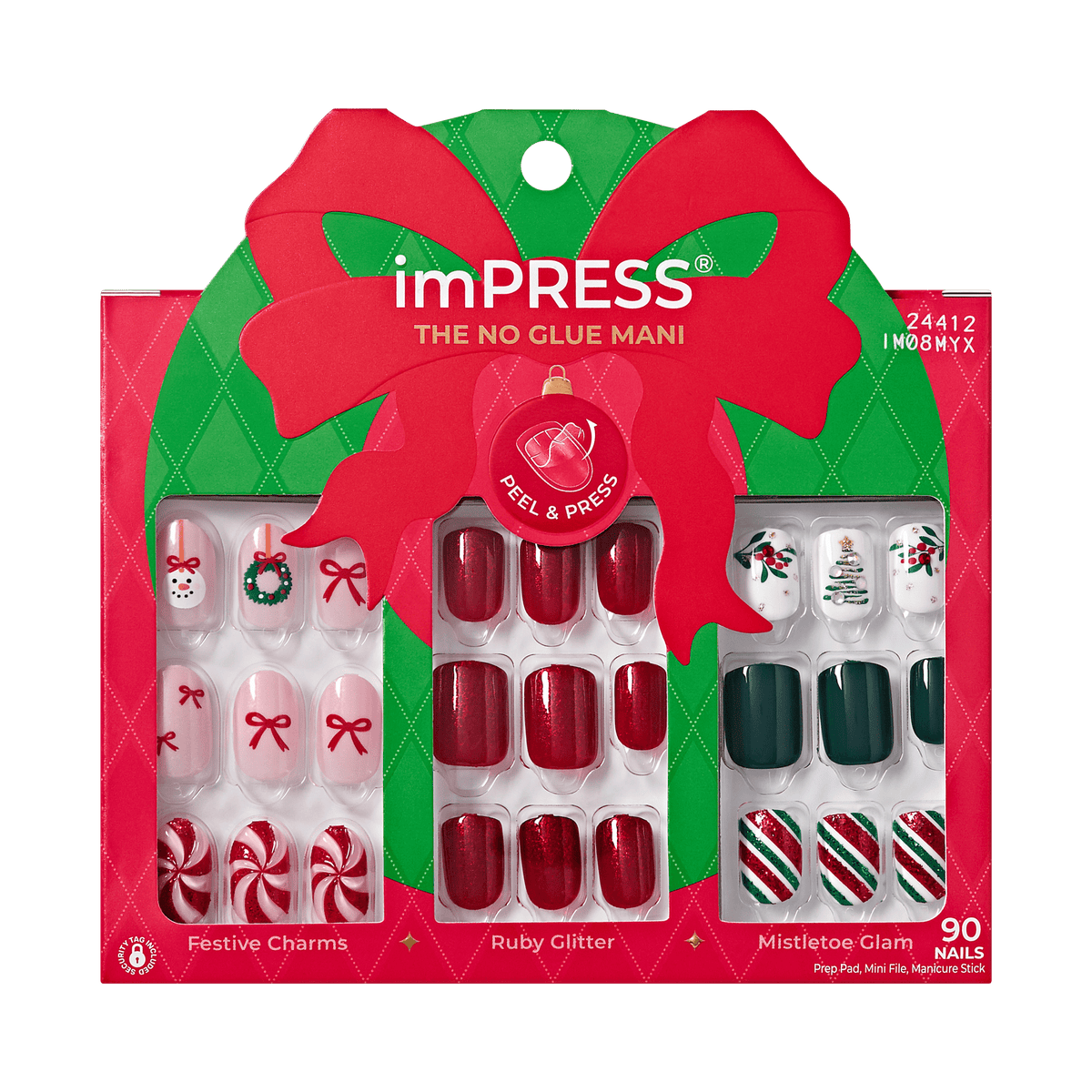 Impress Design Holiday No Glue Fake Press On Nails - Merry Muse Gift Set | Design, Multicolor, Short, Squoval, 3 Manicure Sets Included