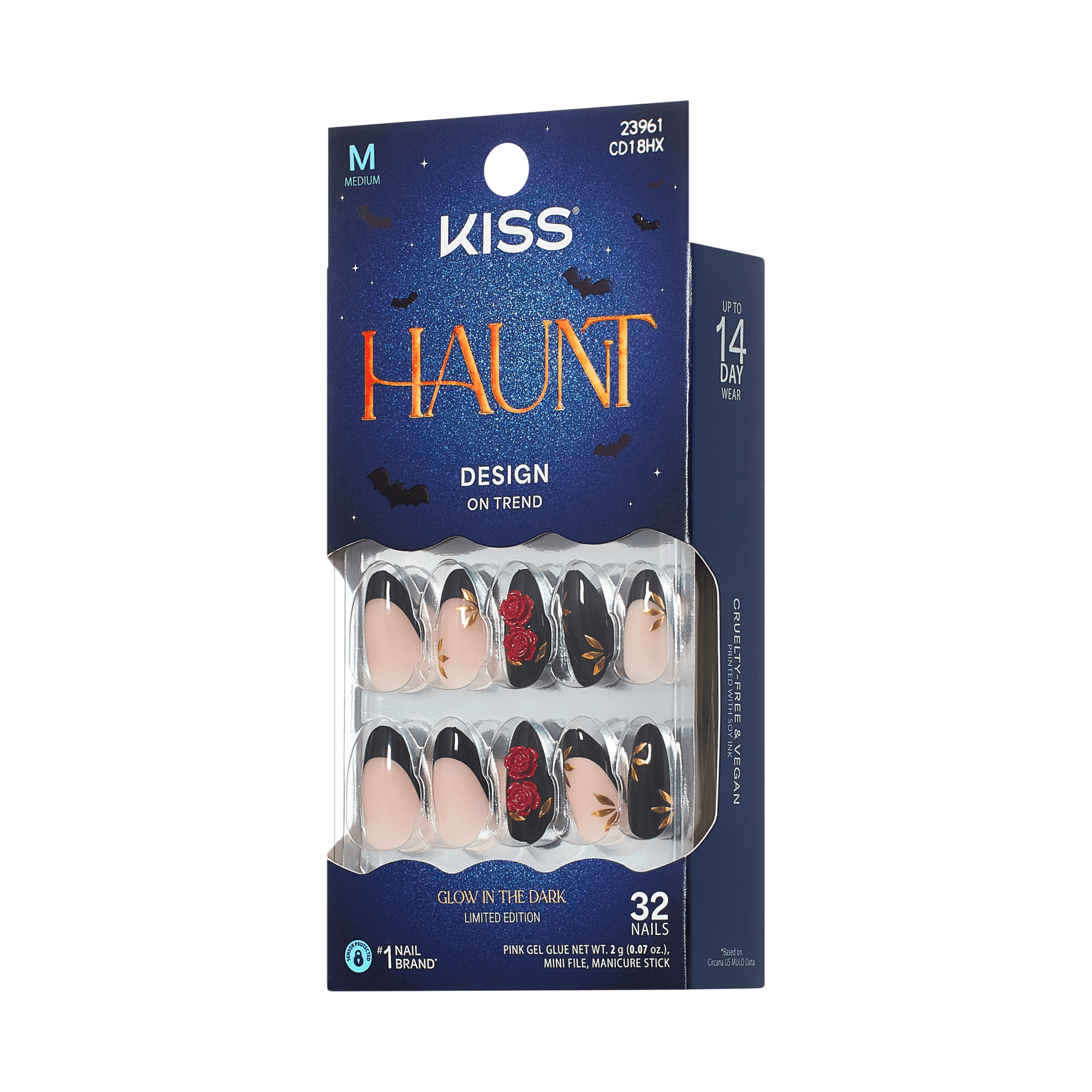 Kiss Haunt Halloween Press On Fake Glue Nails - Drop Dead Gorgeous | French Design, Black &amp; Red, Medium, Almond, Glow In The Dark