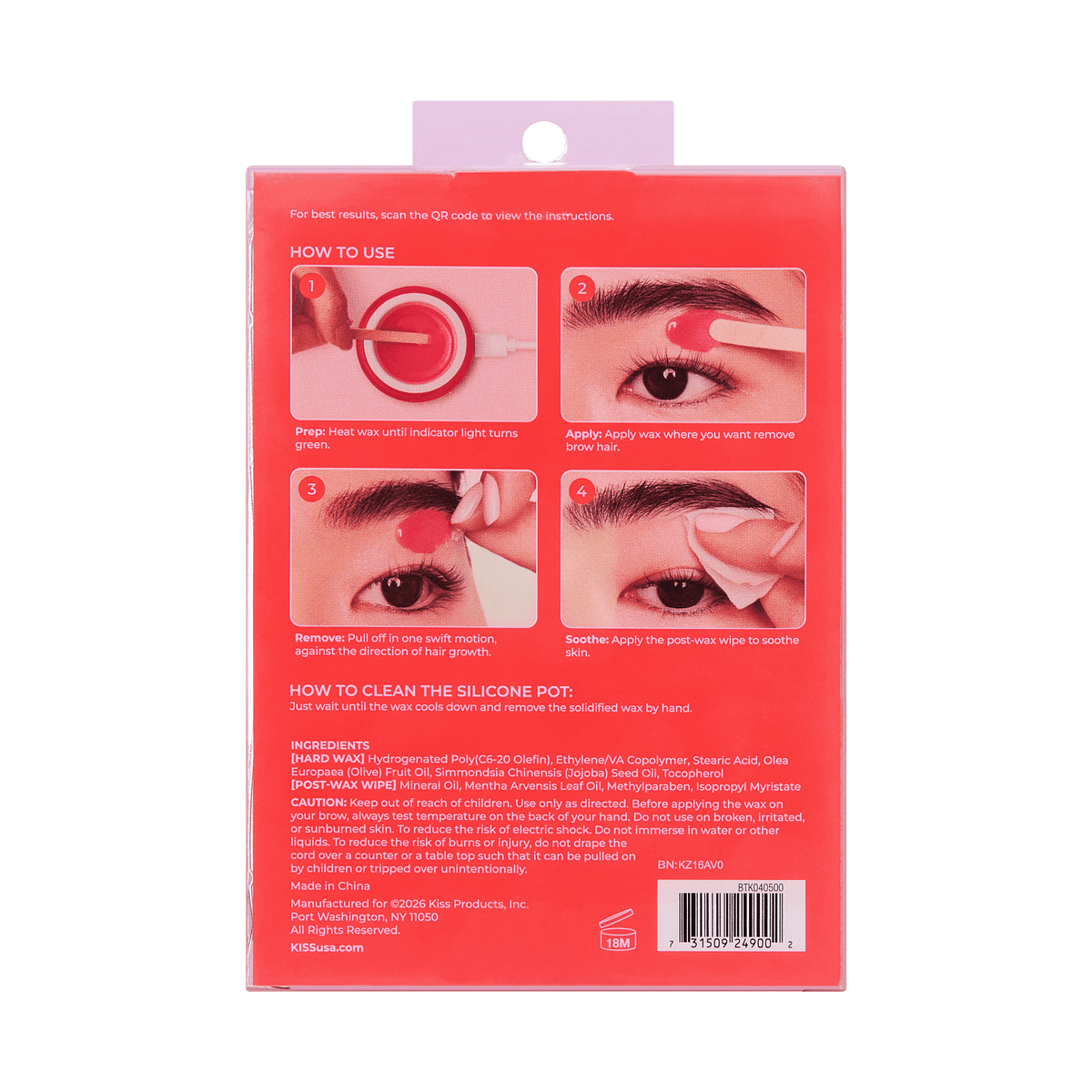 Kiss Brow Wax Kit | Starter Kit, Heater, Hard Wax, 10 Applicators, 10 Waxing Strips, 15 Post-Wax Wipes