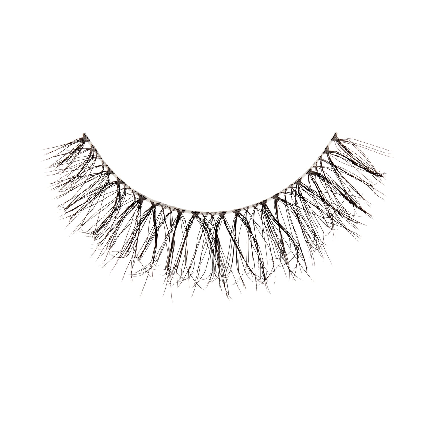 The image shows a single false eyelash. The eyelash is curved and features multiple strands of synthetic fibers designed to mimic natural eyelashes. The fibers are of varying lengths, creating a wispy and voluminous appearance. The base of the eyelash is a thin, flexible strip that allows for easy application to the eyelid. The overall look is intended to enhance the fullness and length of natural eyelashes when worn.