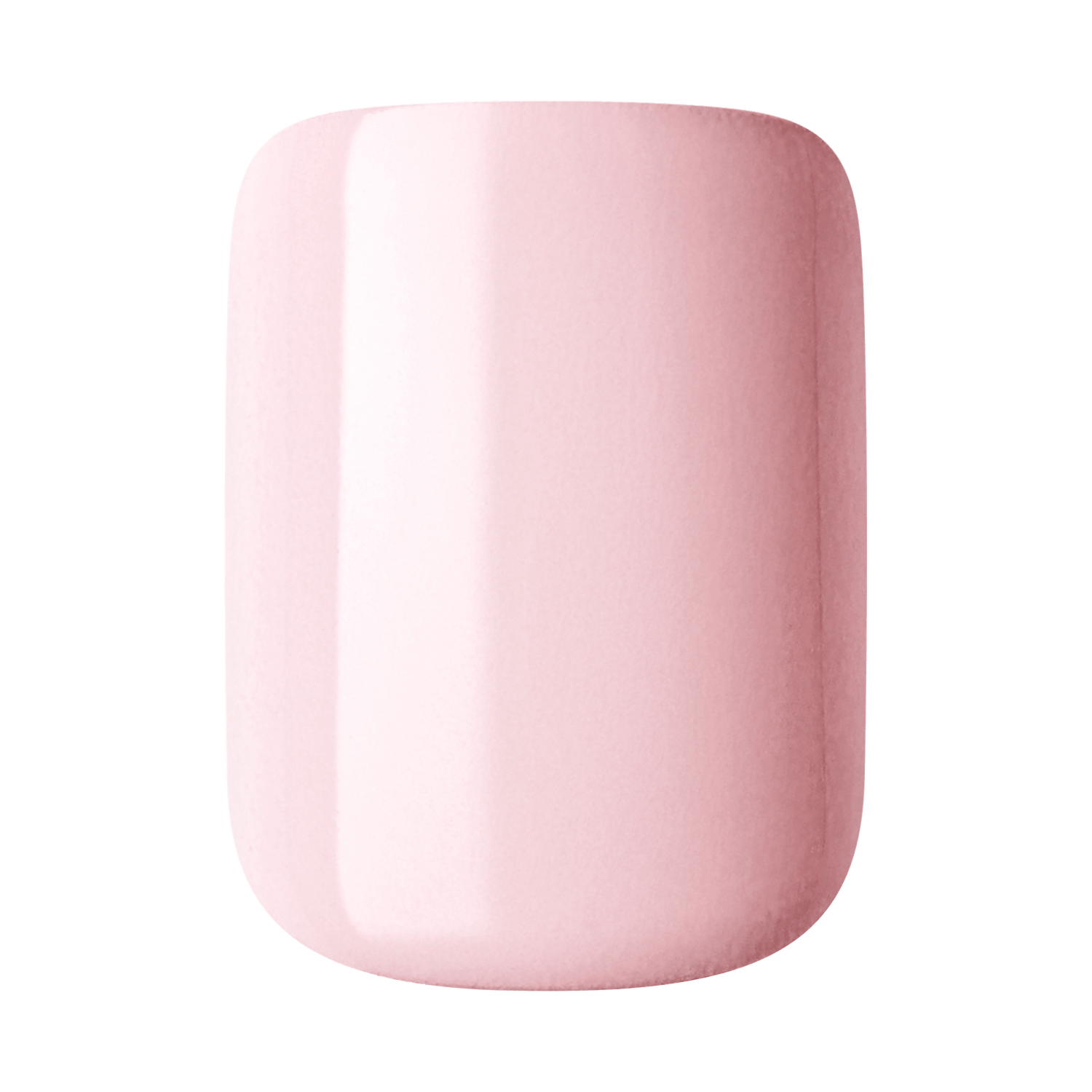 The image shows a close-up of a single fingernail painted with a light pink nail polish. The nail has a smooth, glossy finish, reflecting light to create a shiny appearance. The shape of the nail is slightly rounded at the edges, giving it a neat and well-manicured look. The light pink color is soft and pastel, providing a subtle and elegant aesthetic.