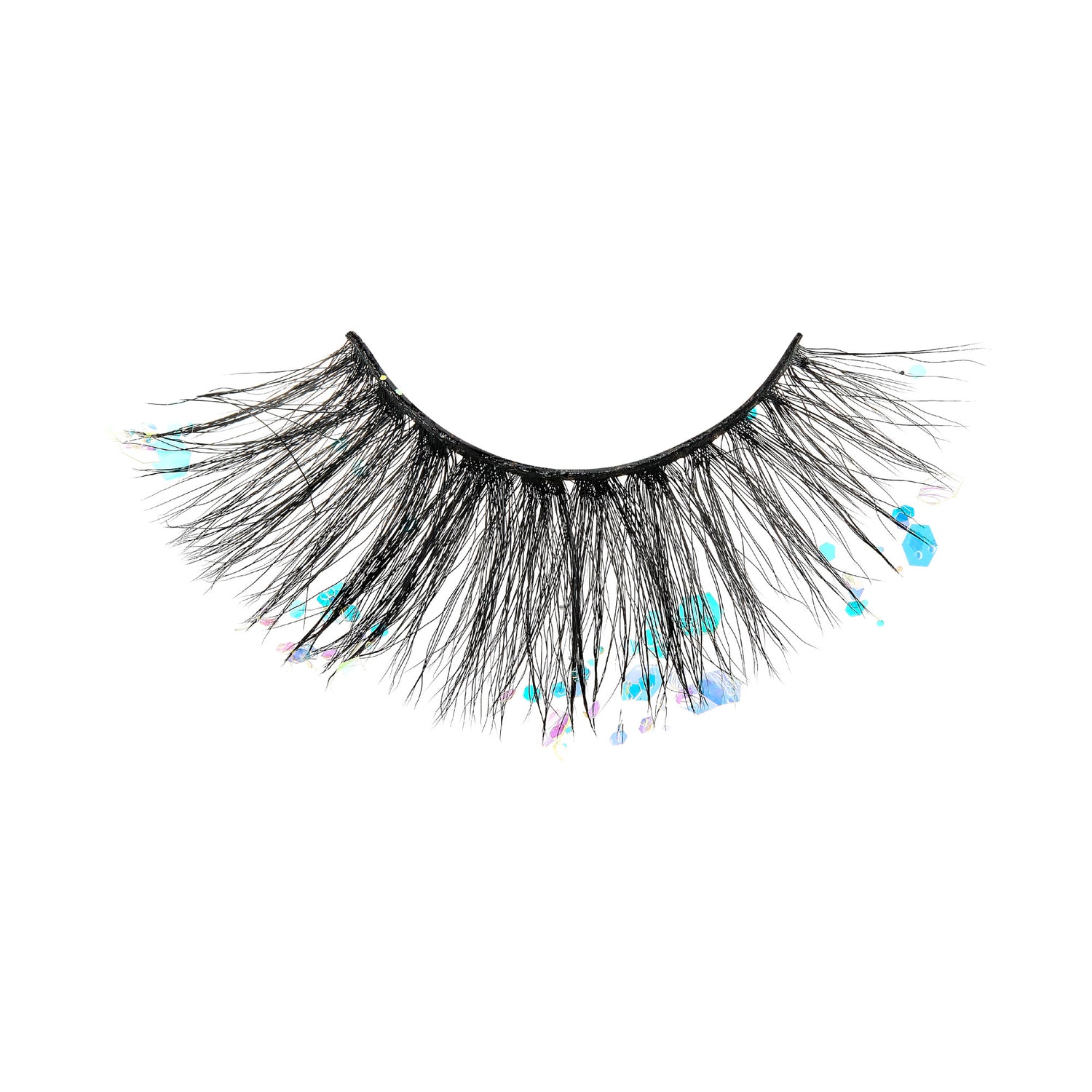 The image shows a single false eyelash with a black band. The eyelash is voluminous and has a wispy, fluttery appearance. It features a mix of long and short synthetic fibers, creating a natural yet dramatic look. Additionally, there are small, colorful embellishments, such as blue and iridescent specks, scattered throughout the lashes, adding a touch of sparkle and uniqueness. The overall design is eye-catching and suitable for special occasions or creative makeup looks.