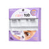 The image features a packaging for imPRESS Easy Tab under lash extensions. The box is predominantly purple and includes the text "Beginner Friendly" in a circular badge. It highlights that no glue or applicator is needed, emphasizing the ease of use with the phrase "PRESS and DONE!" The packaging showcases a clear window displaying the lash extensions inside, which are designed for easy application. The bottom of the box states "1 STEP" and "UNDER LASH," indicating the product&