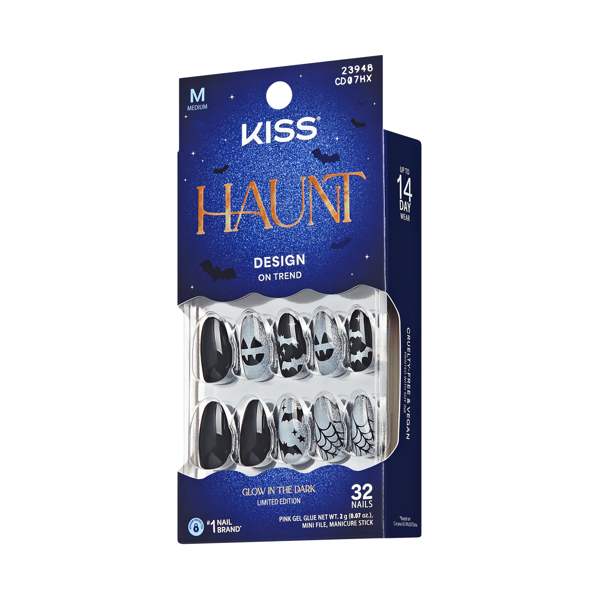Kiss Haunt Halloween Press On Fake Glue Nails - Vamp It Up | Design, Black, Medium, Almond, Glow In The Dark