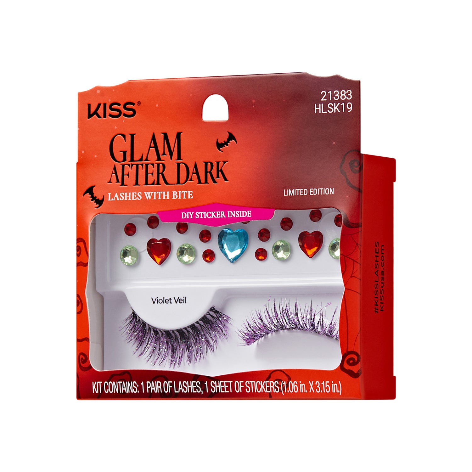 KISS Glam After Dark Violet Veil lashes with DIY stickers, limited edition Halloween set.