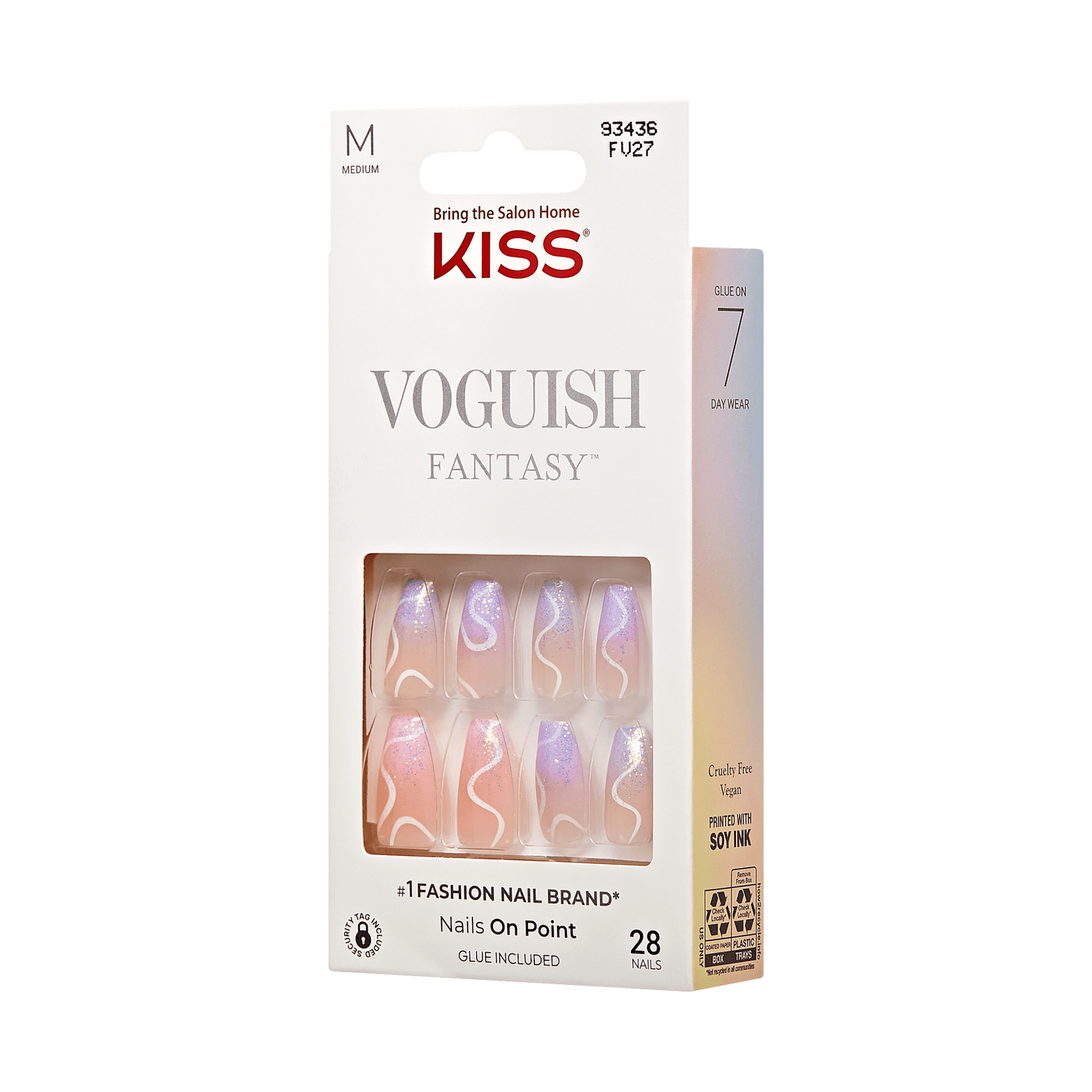The image features a packaging for "Kiss Vogueish Fantasy" press-on nails. The box is predominantly white with a sleek design, showcasing the product name prominently at the top. It indicates that the nails are medium-sized and includes a total of 28 nails. The nails displayed have a gradient color scheme, transitioning from a soft pink to a light lavender, with a glossy finish. The packaging also mentions that the nails are gluten-free and that glue is included for application.