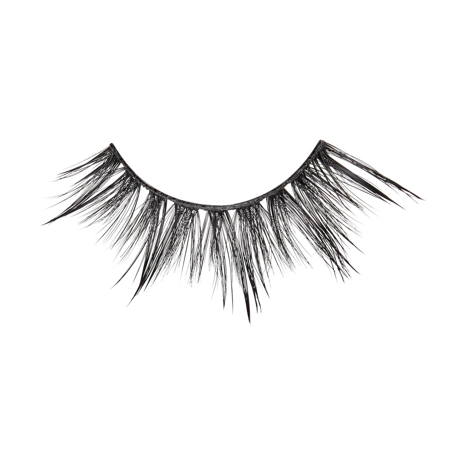 Single black false eyelash with a wispy, flared design featuring varying lengths for a dramatic, textured look on a white background.