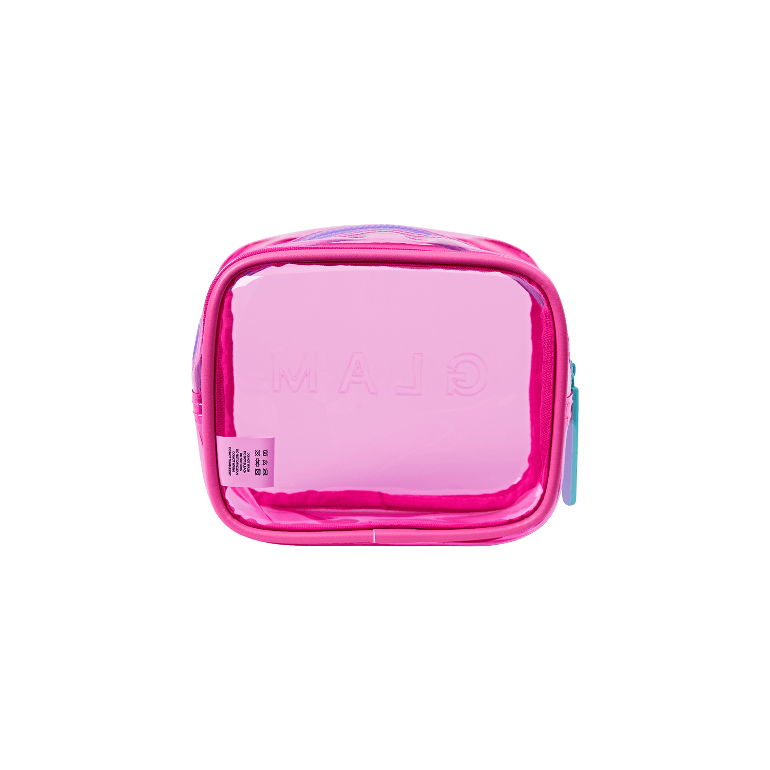 Bright pink clear toiletry bag with blue zipper and "MAIO" branding