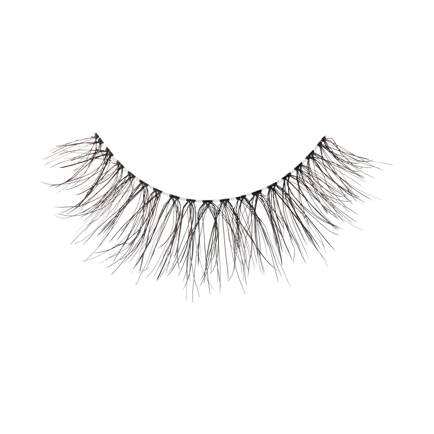 The image shows a single false eyelash. The eyelash is curved to fit the natural shape of the eye and features long, wispy, and slightly uneven strands to create a voluminous and dramatic look. The base of the eyelash is a thin, black band that holds the individual strands together. The overall appearance is designed to enhance the length and fullness of natural eyelashes when applied.