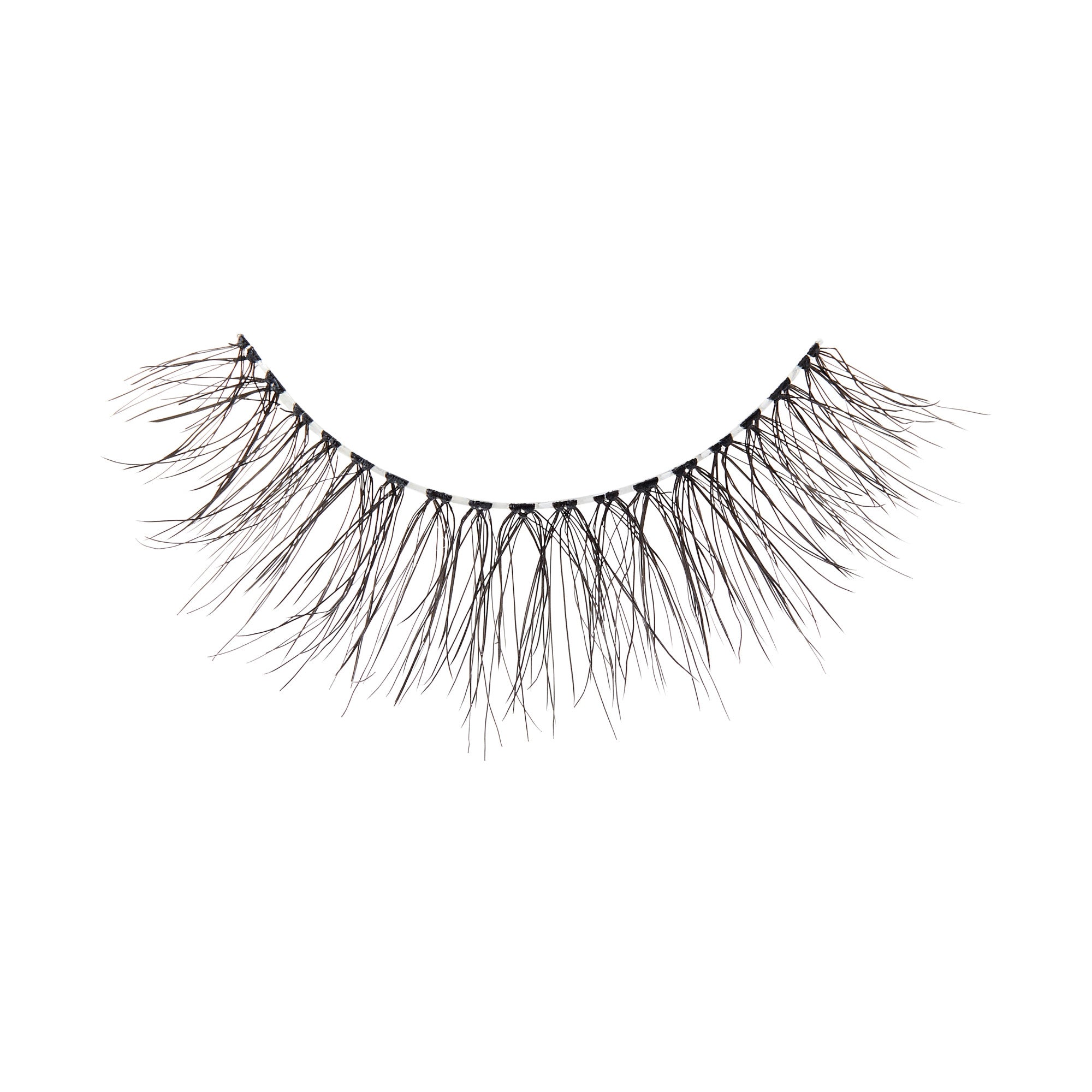 The image shows a single false eyelash. The eyelash is curved to fit the natural shape of the eye and features long, wispy, and slightly uneven strands to create a voluminous and dramatic look. The base of the eyelash is a thin, black band that holds the individual strands together. The overall appearance is designed to enhance the length and fullness of natural eyelashes when applied.