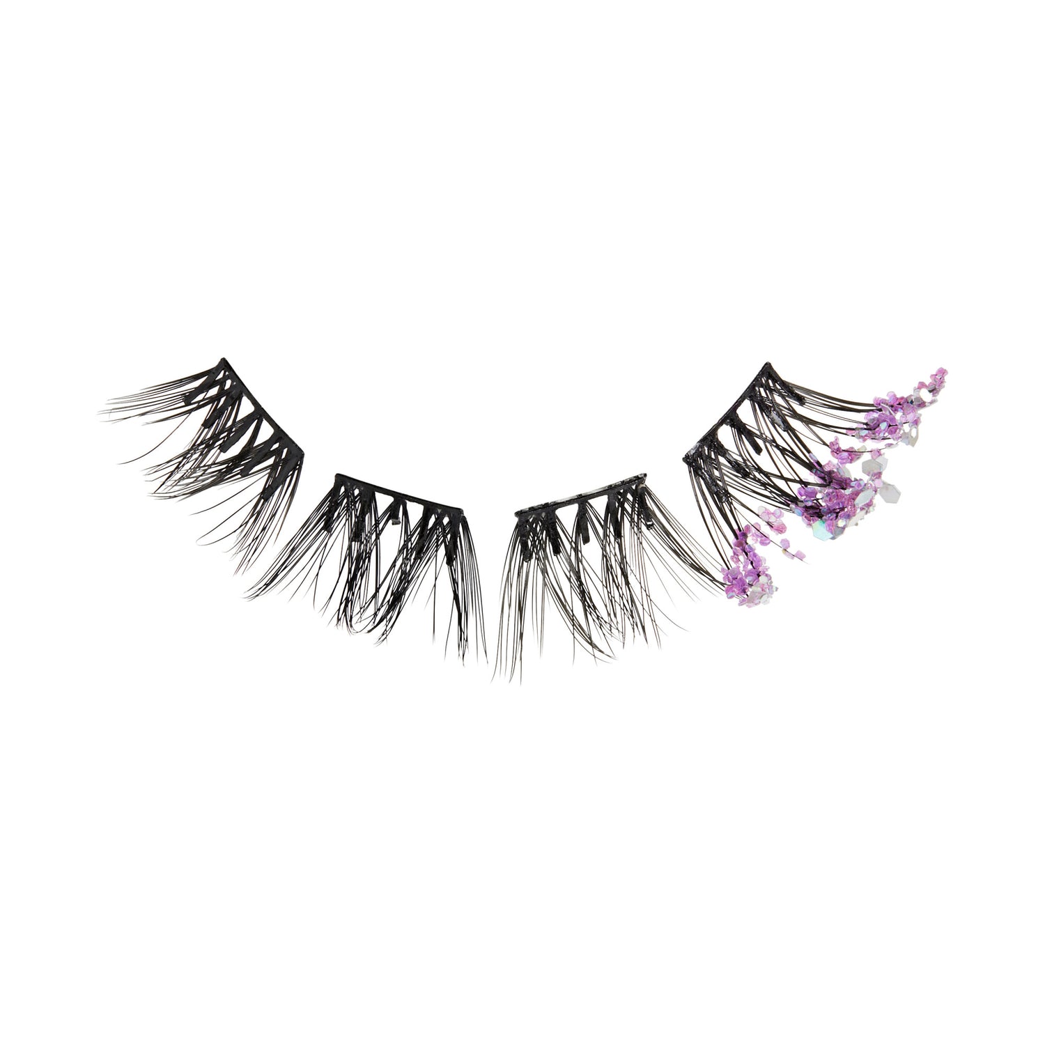 Black false eyelashes with long, separated strands, featuring small purple and iridescent decorative accents on one side, shown on a white background.