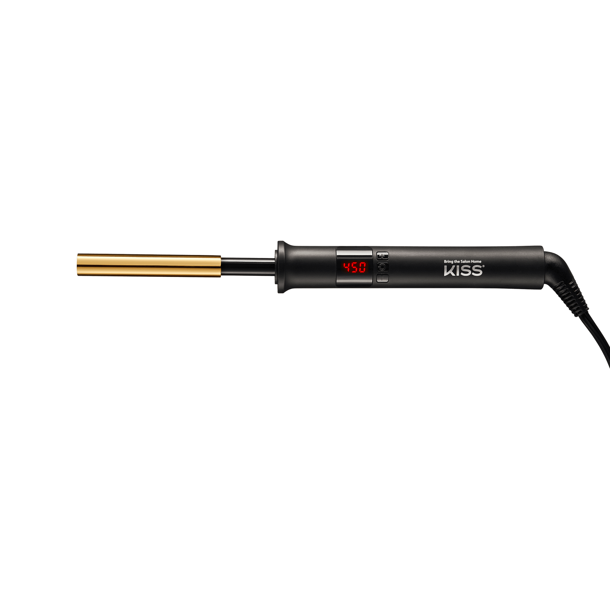 The image features a hair curling wand with a sleek black handle and a gold barrel. The device has a digital display showing a temperature of 450°F. It includes buttons for adjusting the heat settings, making it suitable for various hair types. The overall design is modern and ergonomic, emphasizing functionality and ease of use.