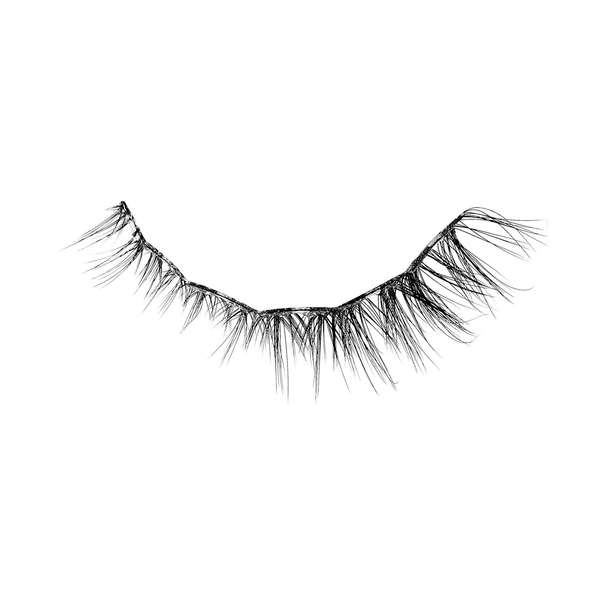 The image features a stylized illustration of a false eyelash. The lashes are depicted in a curved shape, showcasing a variety of lengths and a feathery texture. The design emphasizes the delicate and intricate nature of the lashes, with fine lines representing individual strands. The overall look is elegant and minimalistic, set against a plain white background.