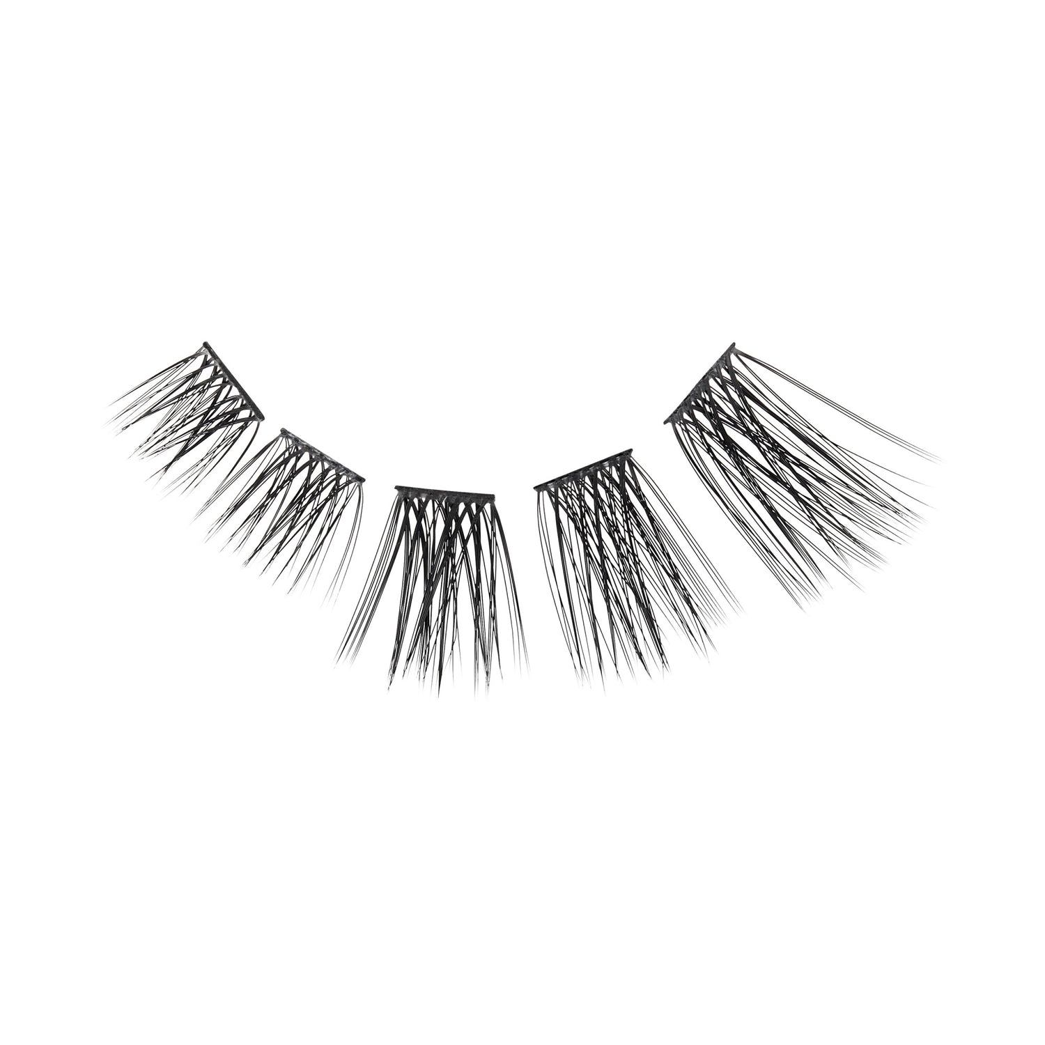 The image features a set of false eyelashes arranged in a curved line. The lashes are black and vary in length, with the shorter lashes on the ends and progressively longer ones towards the center. The design showcases a feathery, dramatic look, ideal for enhancing eye makeup. The background is plain white, emphasizing the lashes&