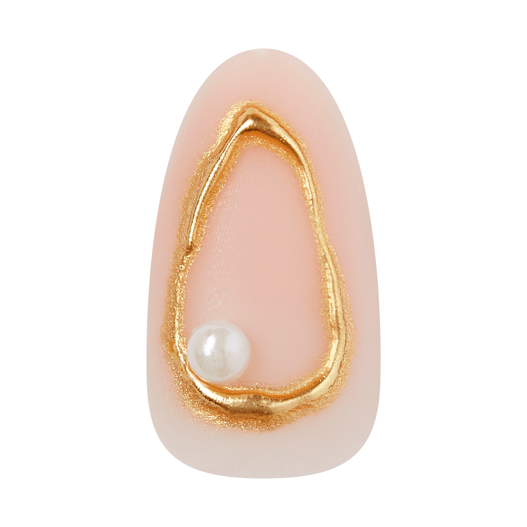Nude almond nail with gold glitter teardrop outline and white pearl accent