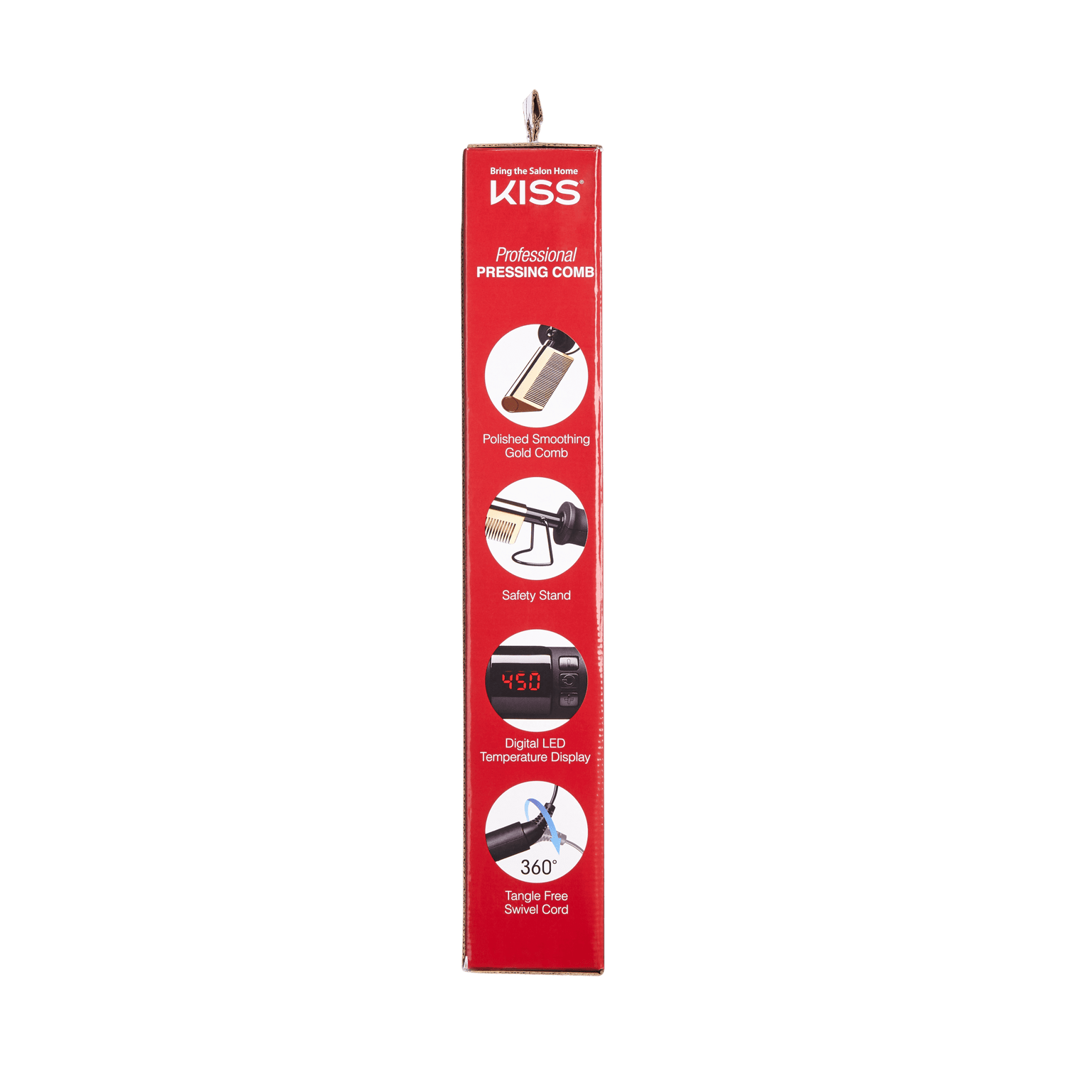 KISS Professional Pressing Comb packaging side panel in red with icons and text highlighting features: polished smoothing gold comb, safety stand, digital LED temperature display, and 360° tangle-free swivel cord.