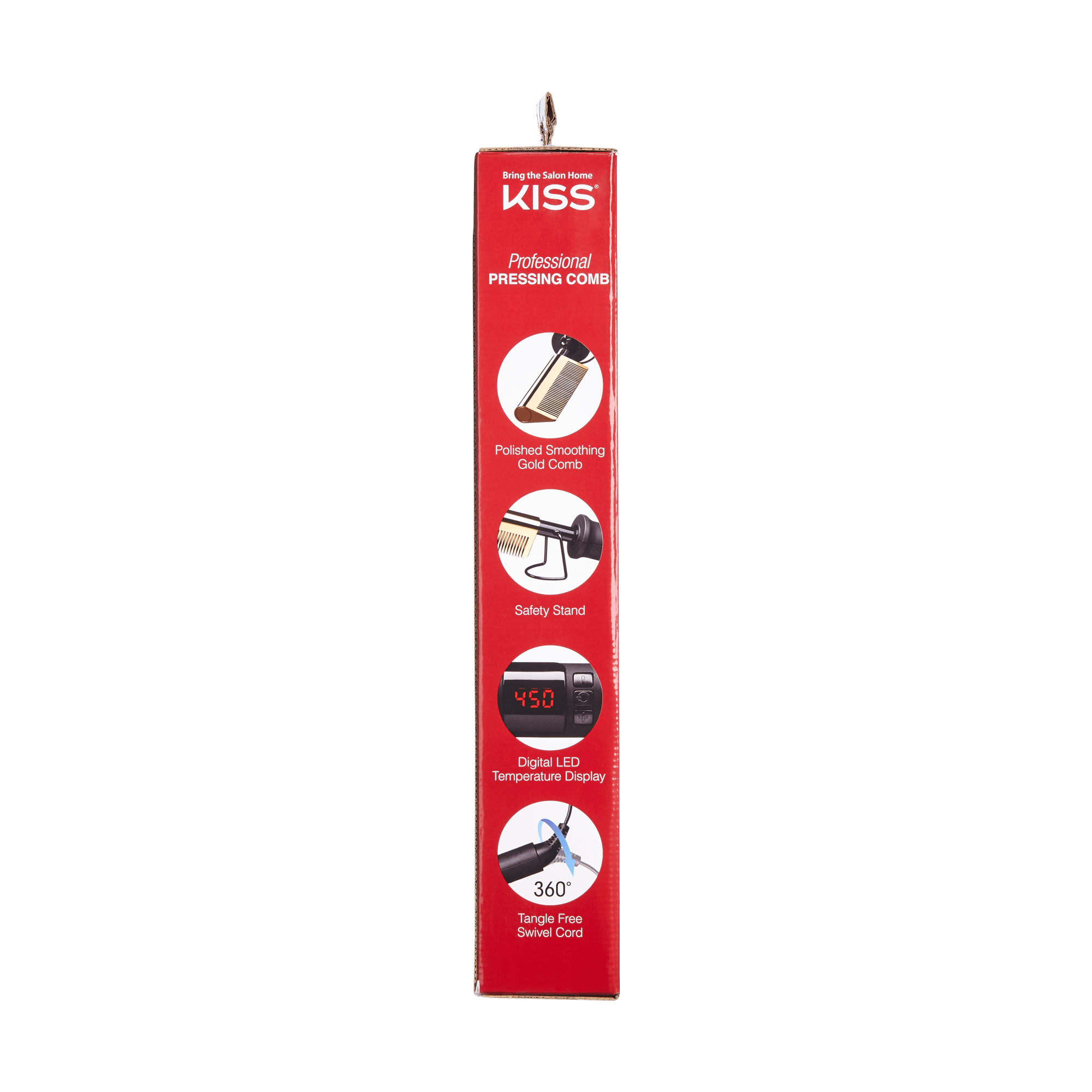 KISS Professional Pressing Comb packaging side panel in red with icons and text highlighting features: polished smoothing gold comb, safety stand, digital LED temperature display, and 360° tangle-free swivel cord.