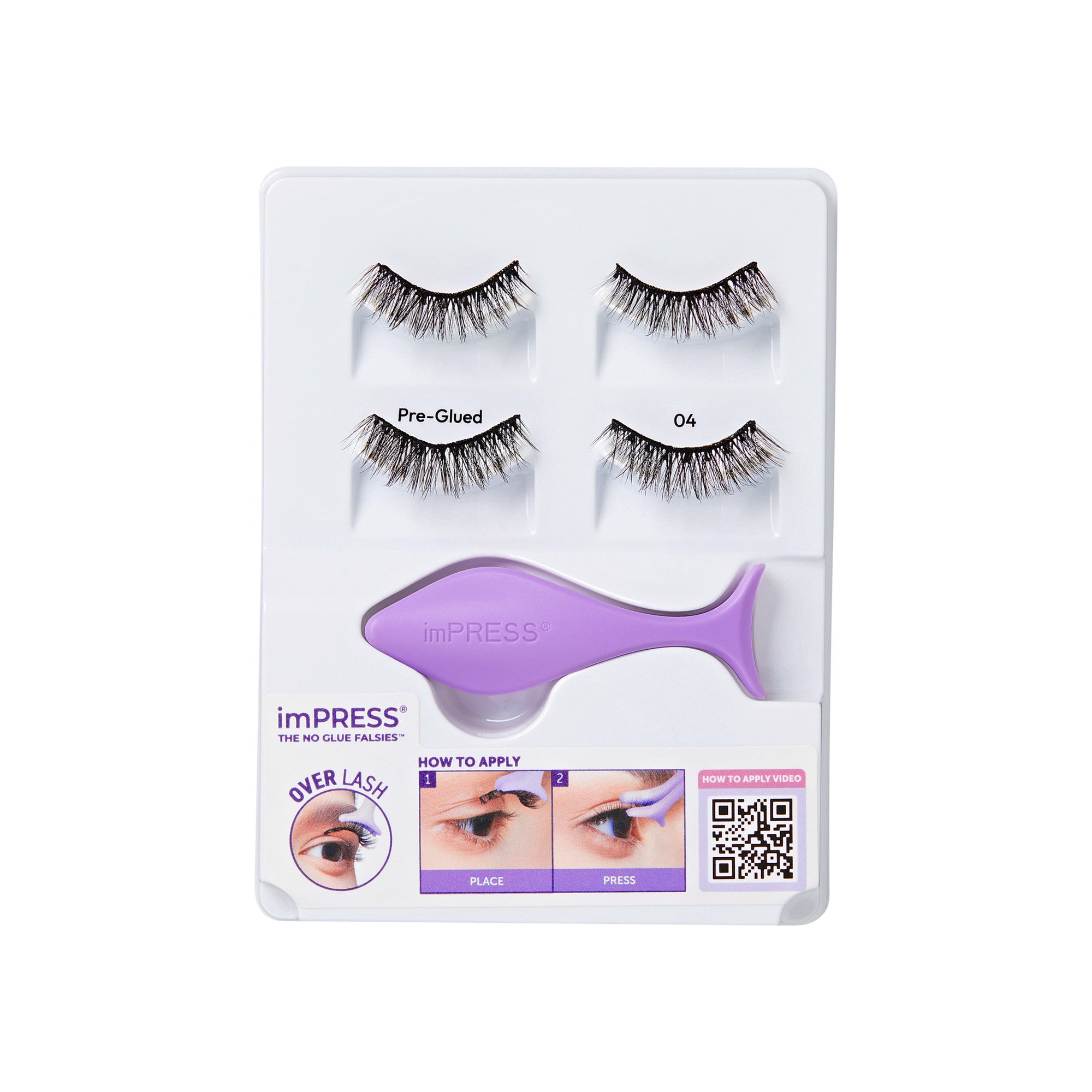 imPRESS pre-glued false eyelashes kit with applicator tool and application instructions