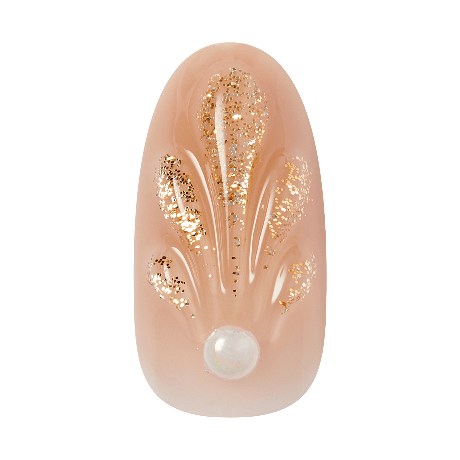 Nude almond nail with gold glitter leaf design and pearl accent