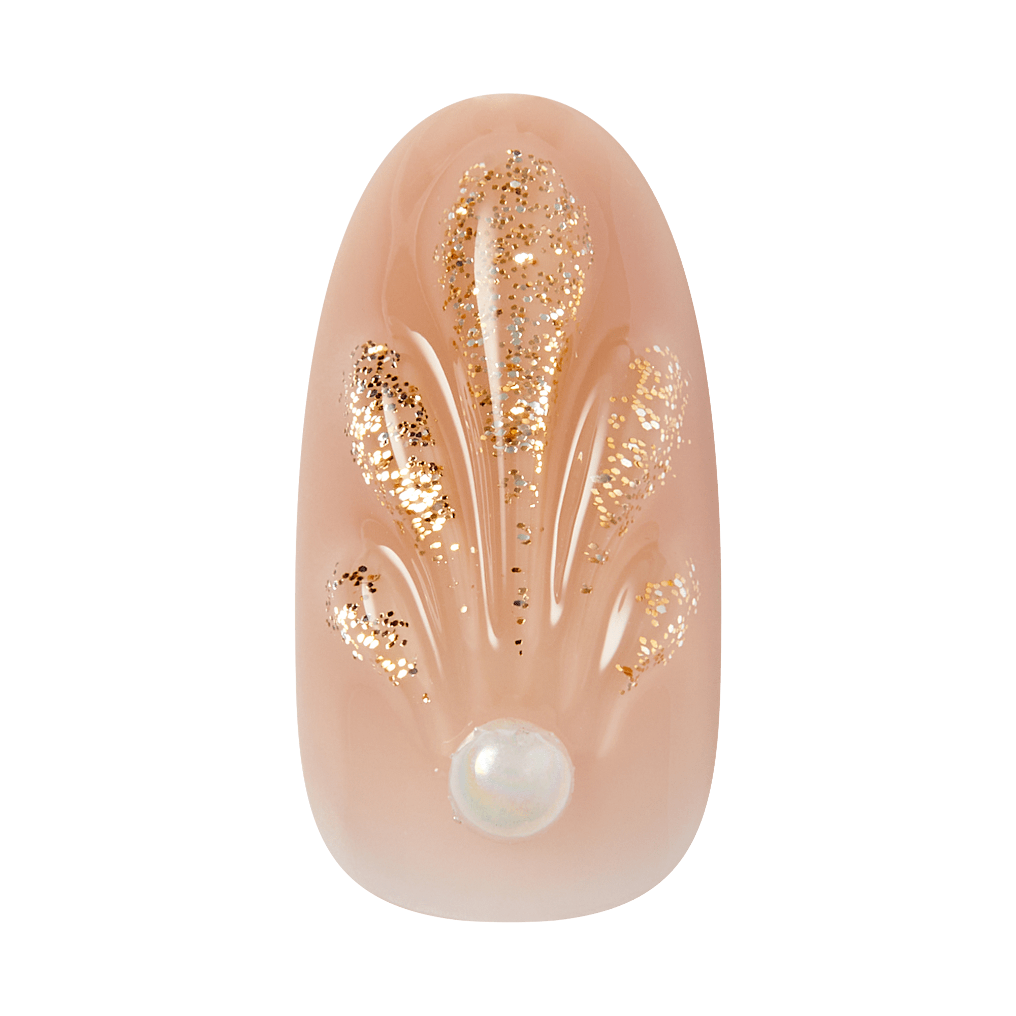 Nude almond nail with gold glitter leaf design and pearl accent