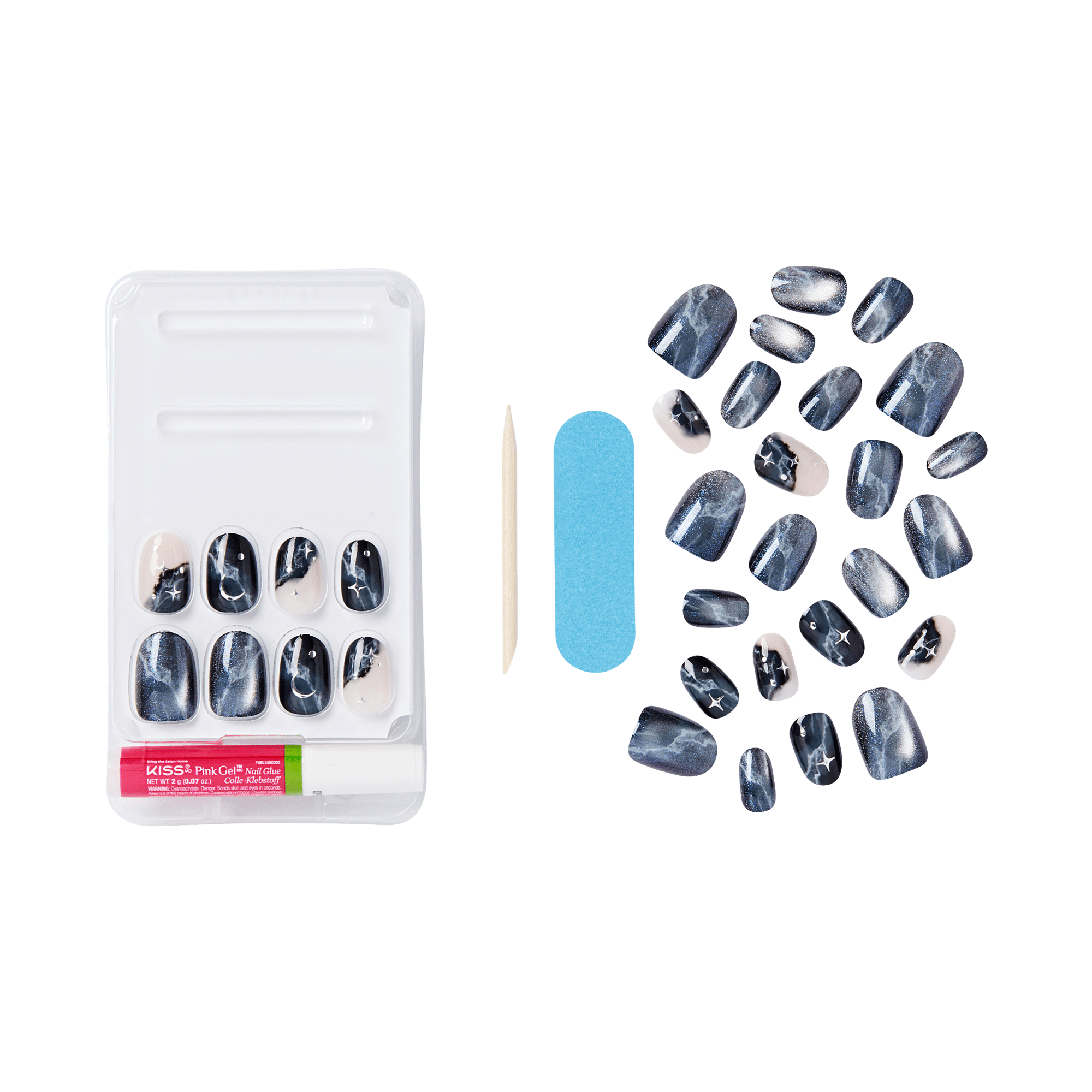 The image features a set of artificial nails arranged neatly. The nails are predominantly dark blue with a glossy finish, showcasing a design that includes silver or white accents, possibly resembling stars or abstract patterns. The set is presented in a clear plastic tray, which also includes a nail adhesive, a wooden cuticle stick, and a blue nail file. The overall presentation suggests a ready-to-use manicure kit for easy application.